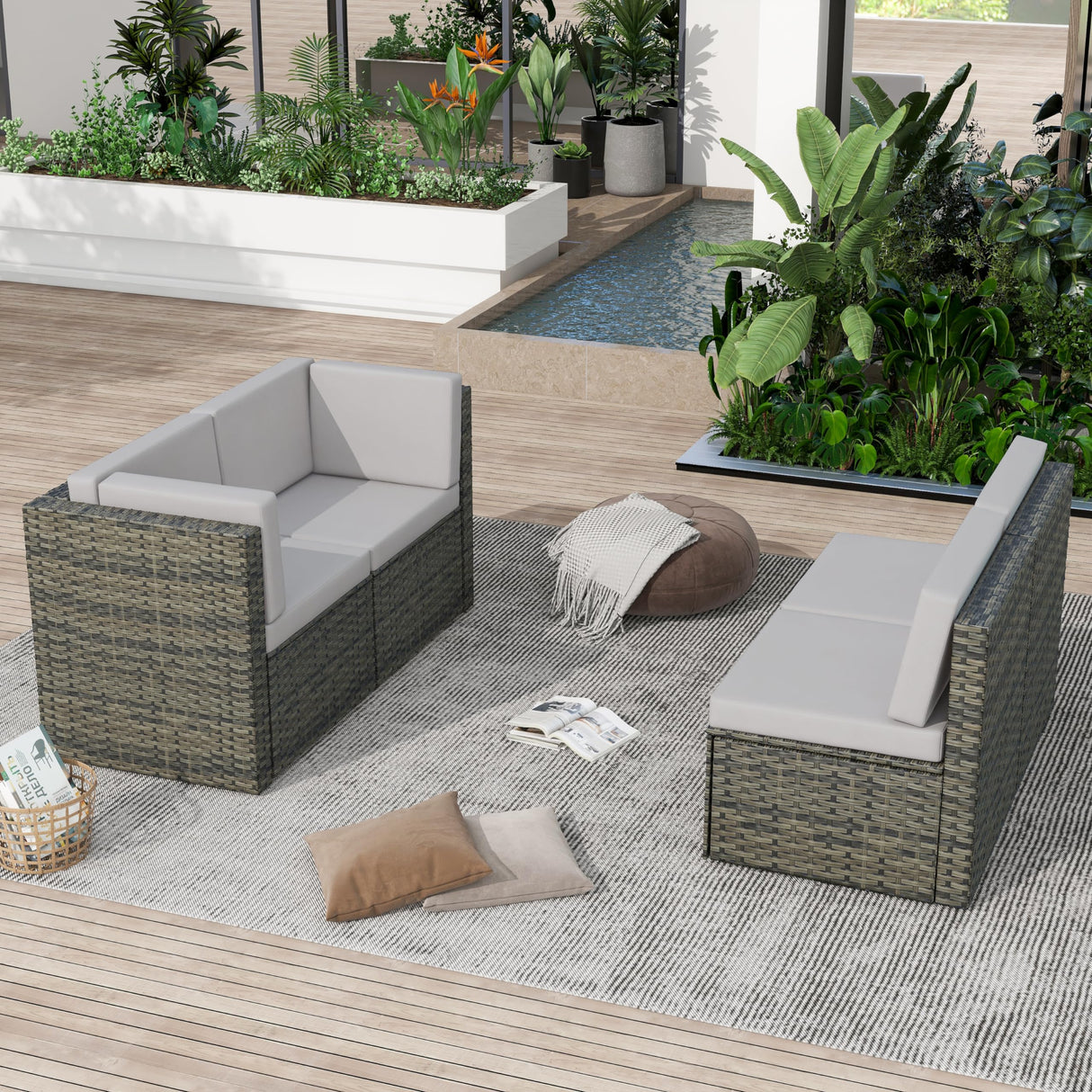 UIXE Outdoor Patio Furniture Sets with Propane Fire Pit Table, 10 Pieces Wicker Patio Sectional Sofa Lounge Couch Seating PE Rattan Conversation Set Includes 45" Gas Fire Table, Light Gray UIXE