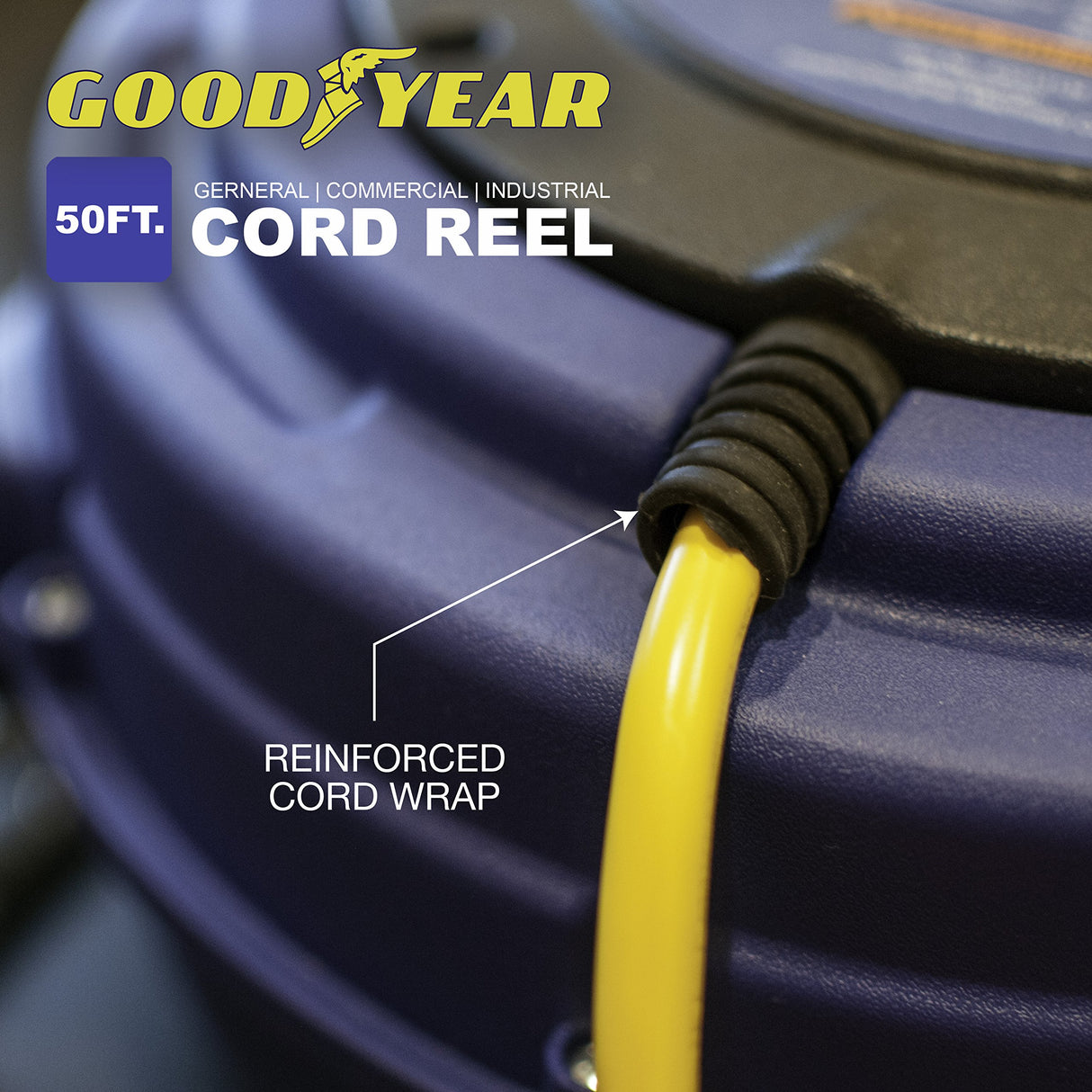 Goodyear Extension Cord Reel Retractable 16AWG x 50' Foot 3C/SJTOW Commercial Cable LED Triple Tap Connector Power 10A 125VAC 938W Goodyear
