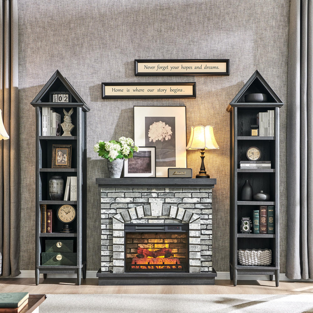 IFGET 75.9" Tall Farmhouse Bookcase, Angle Arched 5 Tiers Narrow Bookshelf Cabinet with Adjustable Shelves, Modern Wooden Geometric Book Shelf w/Display Storage for Living Room, Office-Dark Grey IFGET