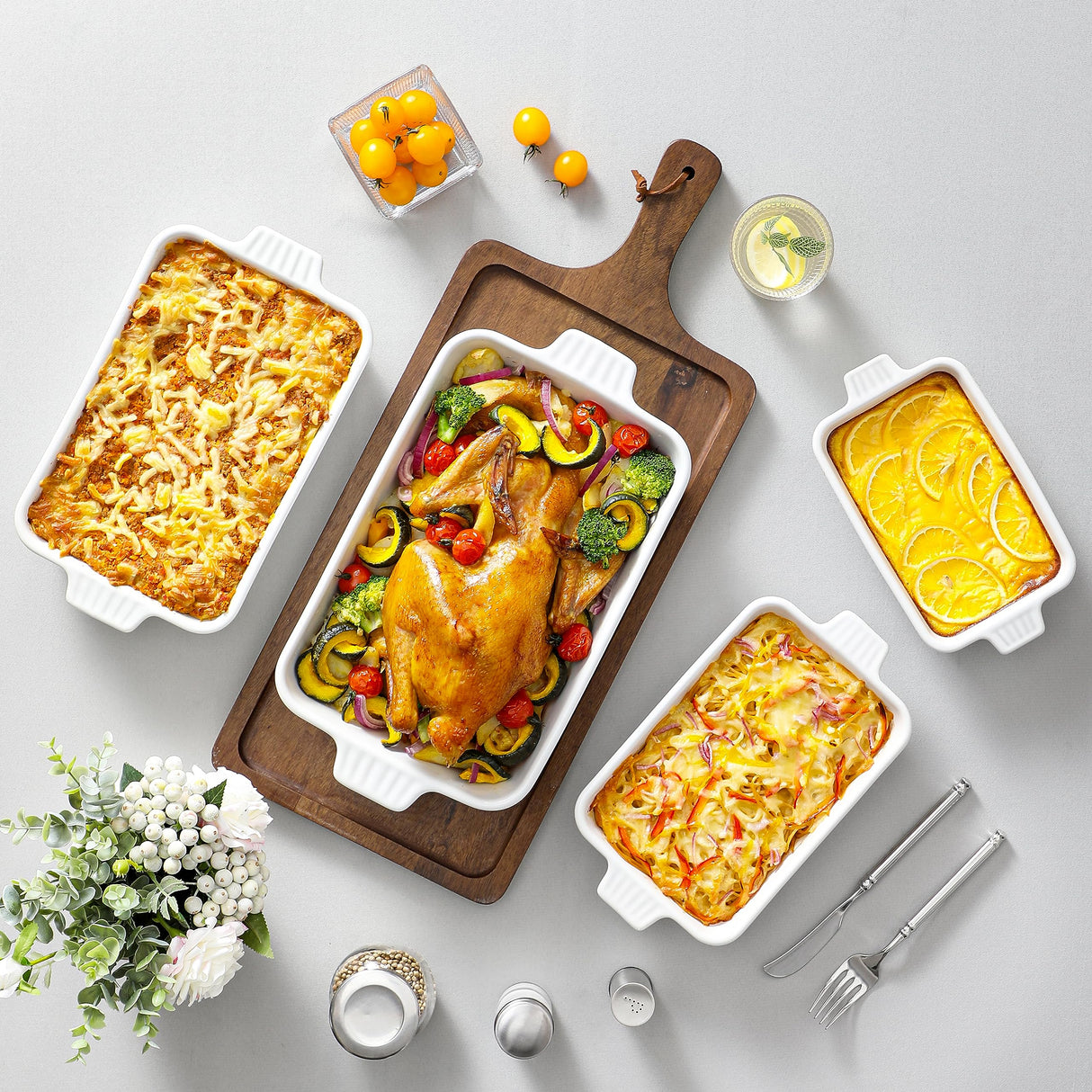 MALACASA Casserole Dishes for Oven, Porcelain Baking Dishes, Ceramic Bakeware Sets of 4, Rectangular Lasagna Pans Deep with Handles for Baking Cake Kitchen, White (9.4"/11.1"/12.2"/14.7"), Series MALACASA