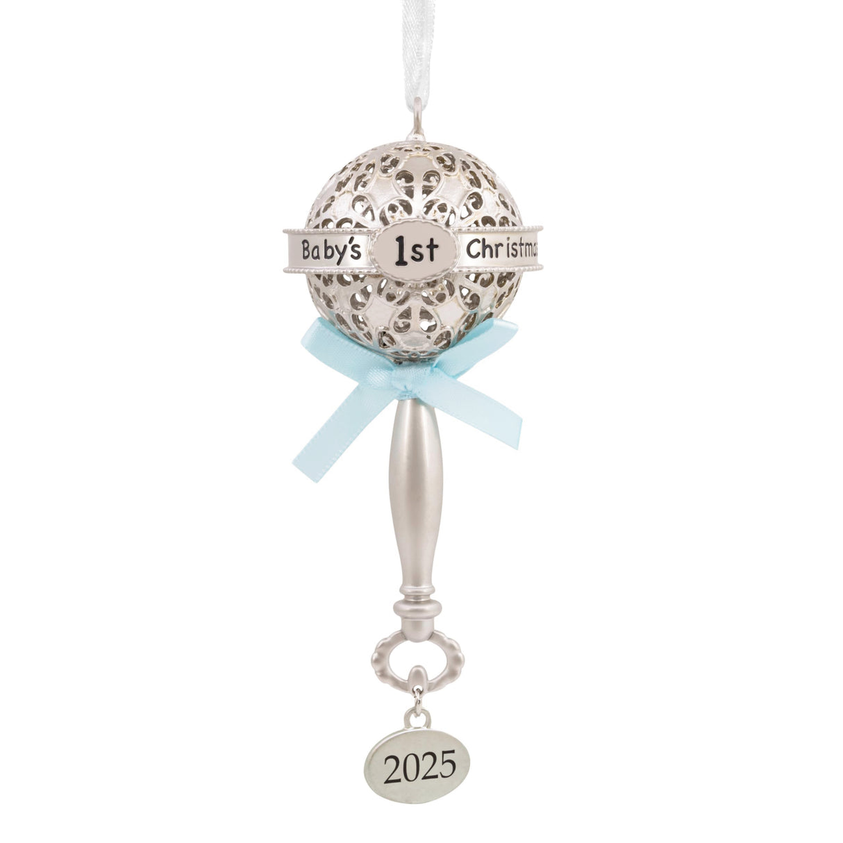 Hallmark Baby's First Christmas Silver Rattle with Blue Ribbon 2025 Christmas Ornament, Metal, New Baby Gifts Hallmark