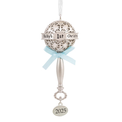 Hallmark Baby's First Christmas Silver Rattle with Blue Ribbon 2025 Christmas Ornament, Metal, New Baby Gifts