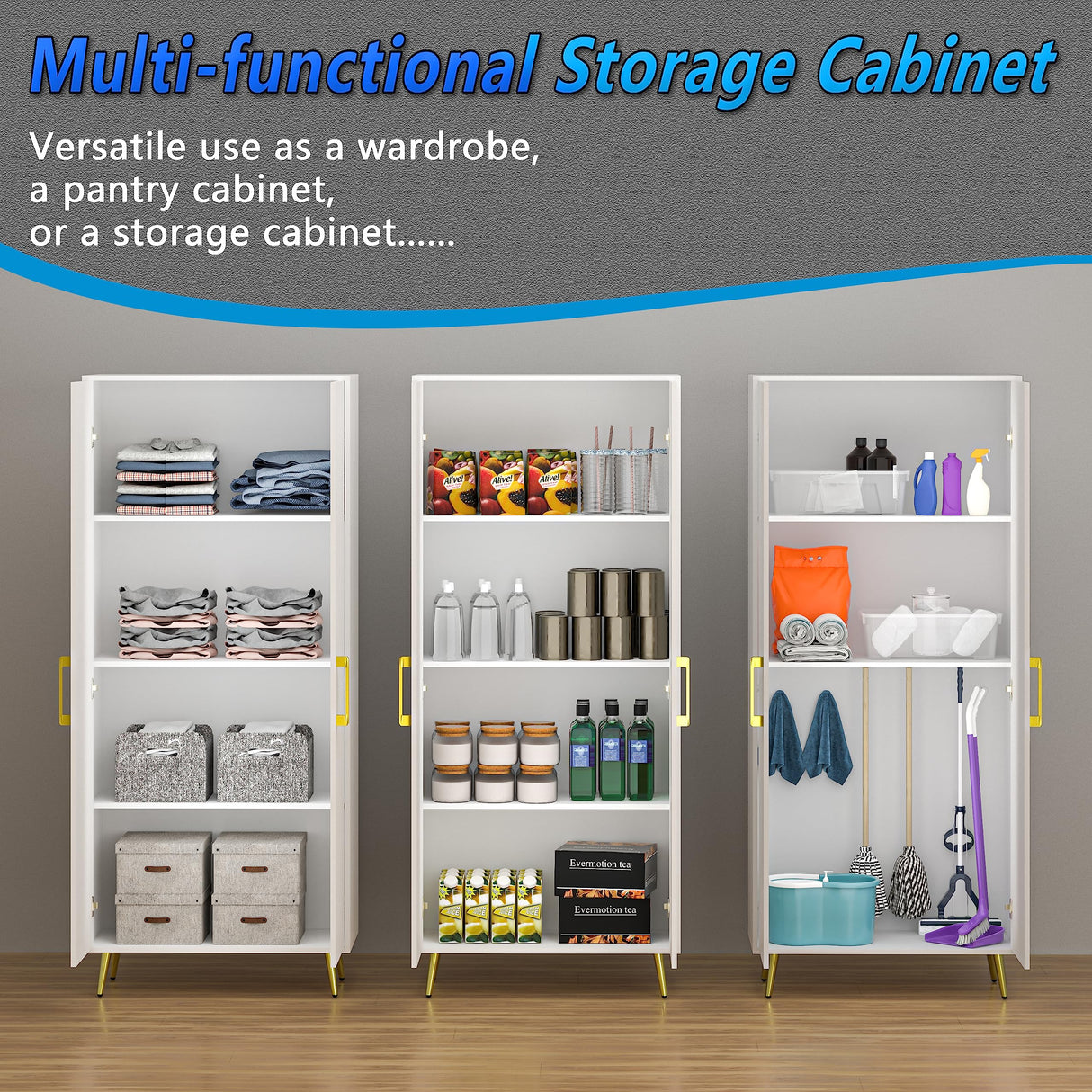 NOVAMAISON Storage Cabinet Set of 2, 69” Tall Storage Cabinet with Doors and Shelves, Freestanding Kitchen Pantry with Gold Handles and Legs, White NOVAMAISON