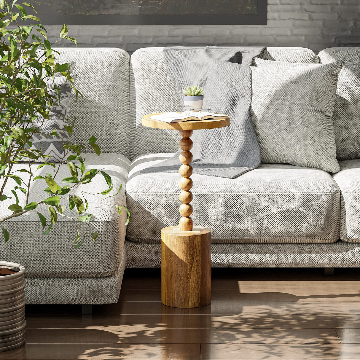 COZAYH Farmhouse Pedestal End table, Rustic Wood Drink Table with Base, Round Martini Table for Small Space Living Room, Bedroom, Natural Wood Color COZAYH