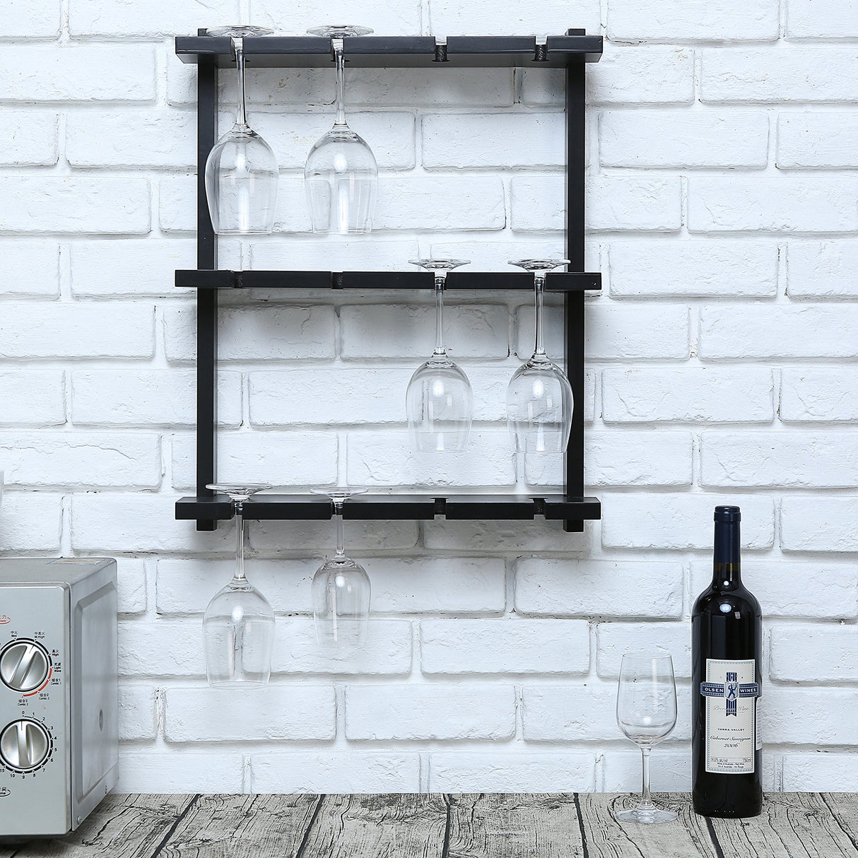 MyGift Wine Glass Rack - Wall-Mounted Black Wood Stemware, 12 Glassware Holder Rack, Wine Glasses Storage Hanger for Bar Kitchen MyGift