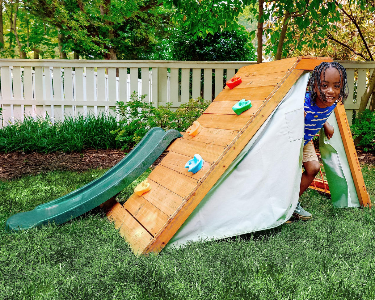 Avenlur Palm Outdoor and Indoor Playground 5 in 1 Backyard Playset with Ladder, Rock Wall, 4 ft. Slide, Tent Fort, Montessori Style Play Set Climber Playhouse Toddlers, Children, Kids 2-8yr (Green) Avenlur