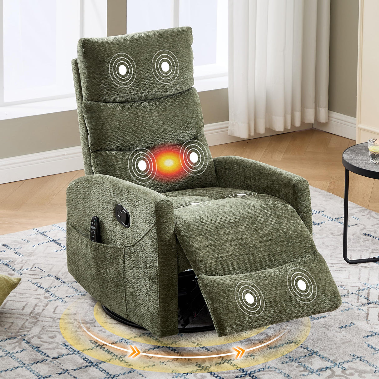Manual Swivel Rocker Recliner Chair with Vibration Massage, Overstuffed Glider Chair with Lumbar Heat for Nursery, Living Room Reclining Sofa Chair, Chenille Fabric Green Luxlen