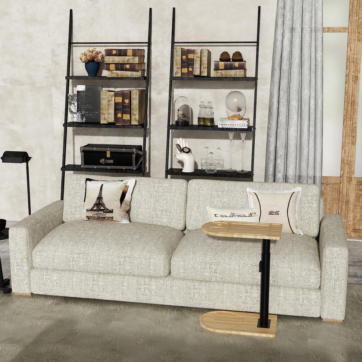 YUHFERA Sofa Tray Table for Couch Arm - Side Table Tray for Small Spaces, Bamboo Height Adjustable Table for Bed or Chair with Phone & Tablet Slots, TV Tray Table for Living Room YUHFERA