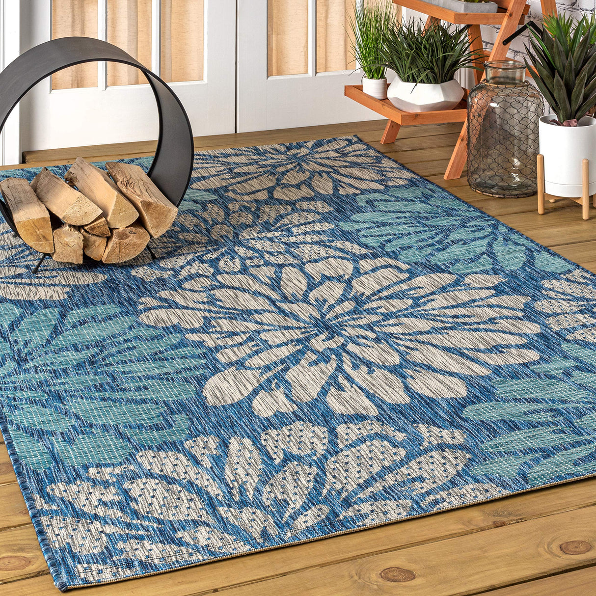 JONATHAN Y SMB110C-8 Zinnia Modern Floral Textured Weave Indoor Outdoor Area-Rug Bohemian Coastal Easy-Cleaning Bedroom Kitchen Backyard Patio Non Shedding, 8 X 10, Navy/Aqua JONATHAN Y