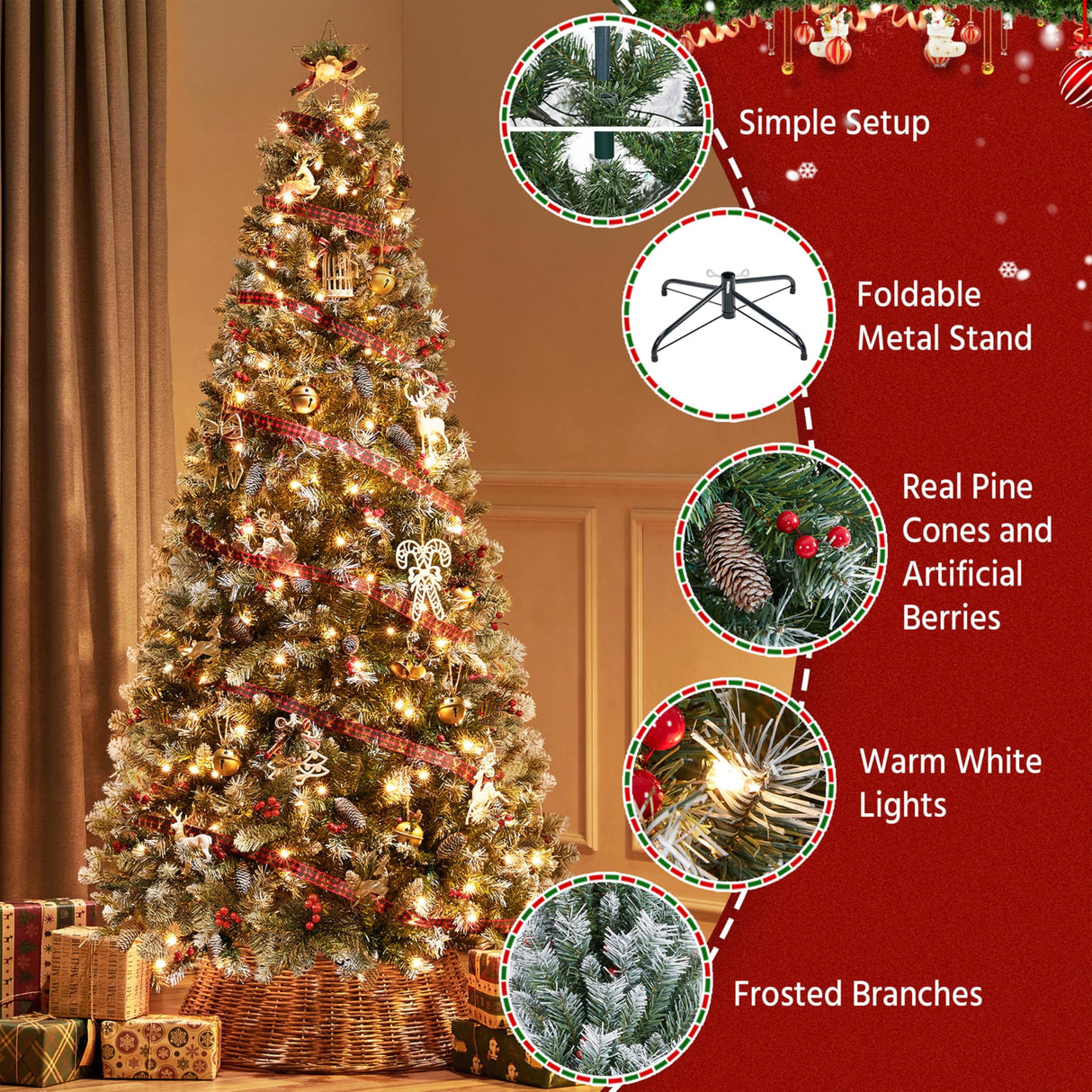 Yaheetech 6ft Pre-lit Frosted Artificial Hinged Christmas Tree with 818 Flocked PVC Tips,62 Pine Cones,62 Holly Berries & 250 Warm White Lights,Foldable Stand,Green Yaheetech
