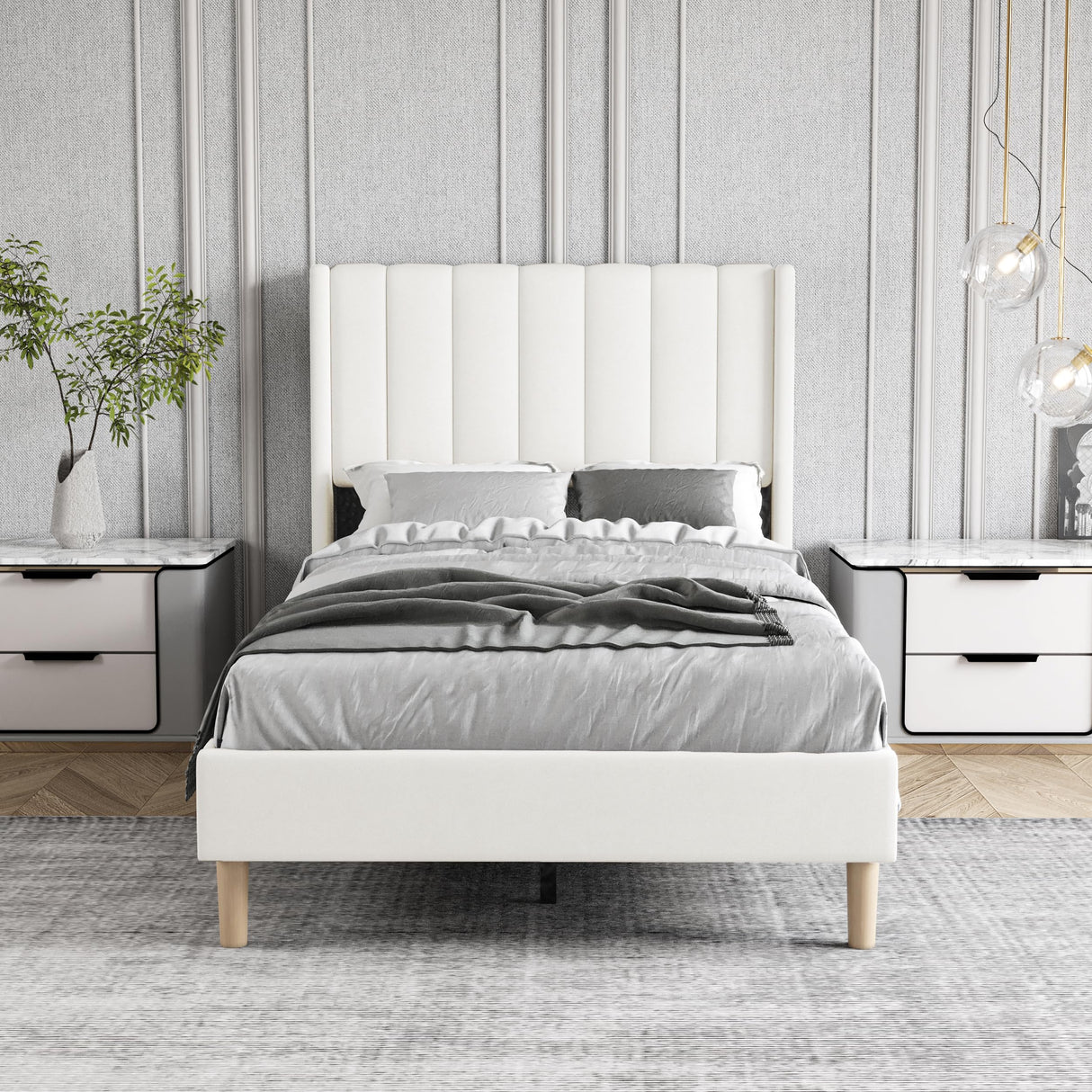 Zoophyter Upholstered Platform Bed Frame Twin Size with Headboard,Strong Wooden Slats Support No Box Spring Needed Easy Assembly Beige Velvet Zoophyter
