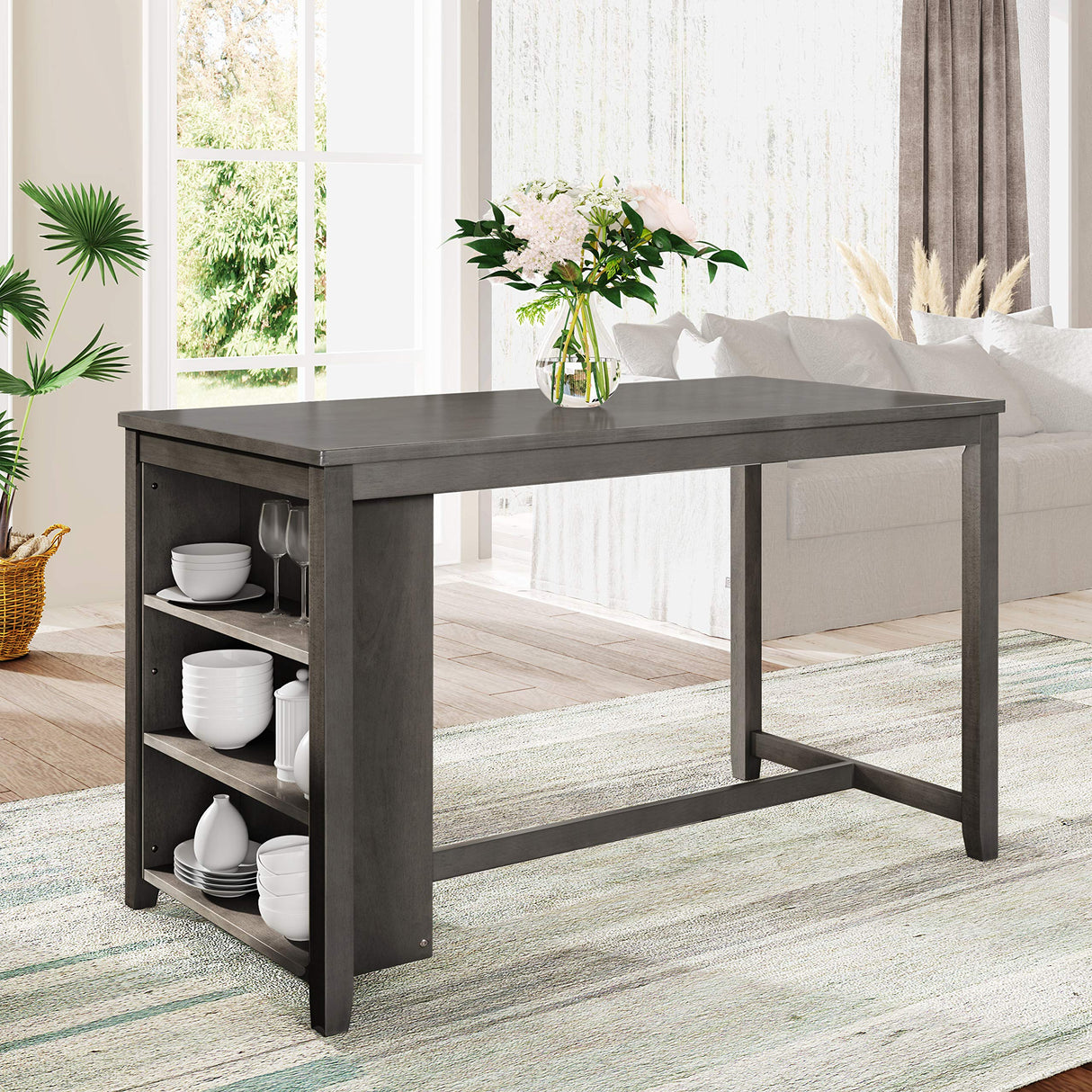 5 Pieces Counter Height Wooden Bar Table Set with 3-Tier Shelf and 4 Chairs, Rustic Farmhouse Dining Table Set for 4, Gray Harper & Bright Designs