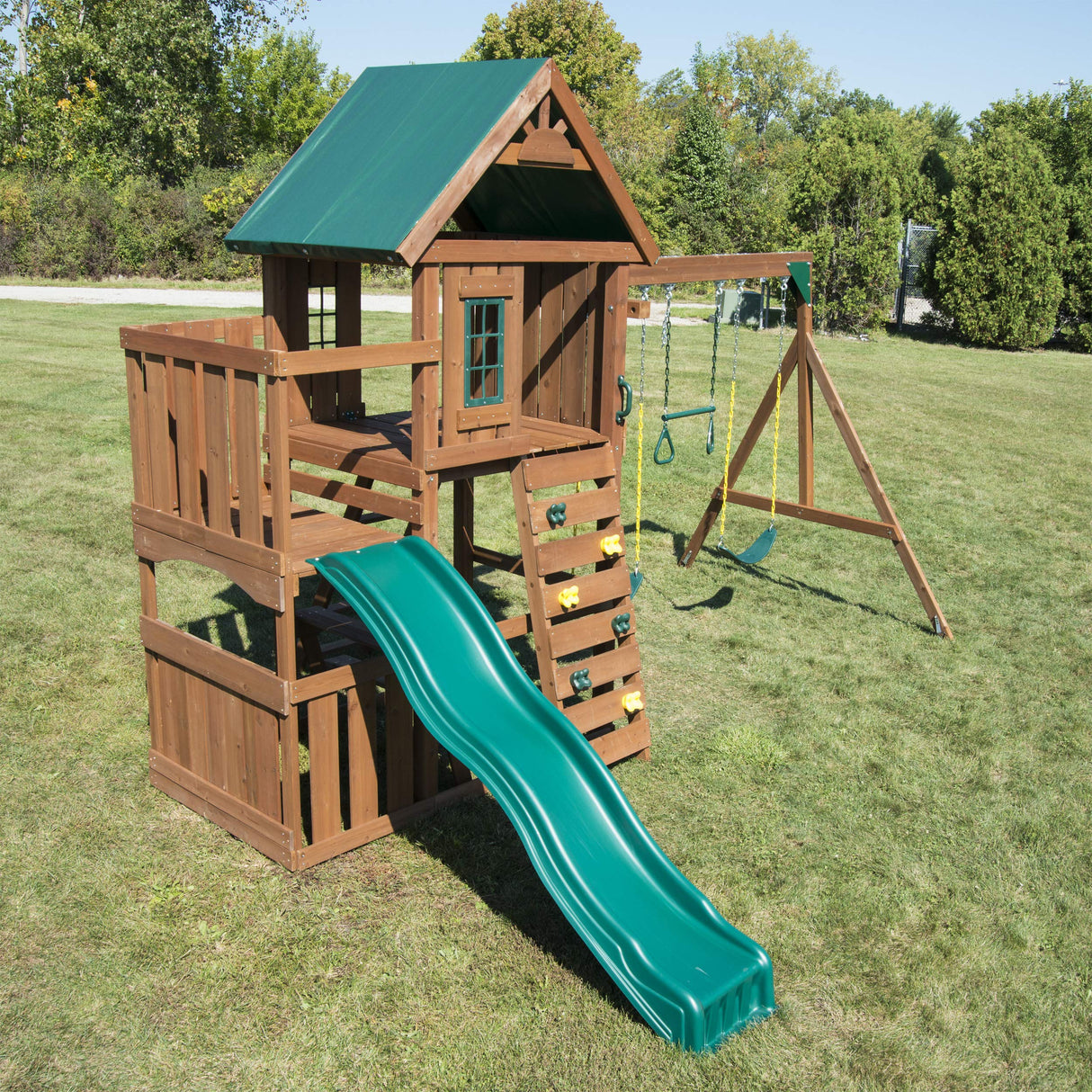Swing-N-Slide WS 8357 Elkhorn Swing Set with Slide, Climbing Wall & Swings, Wood Swing-N-Slide