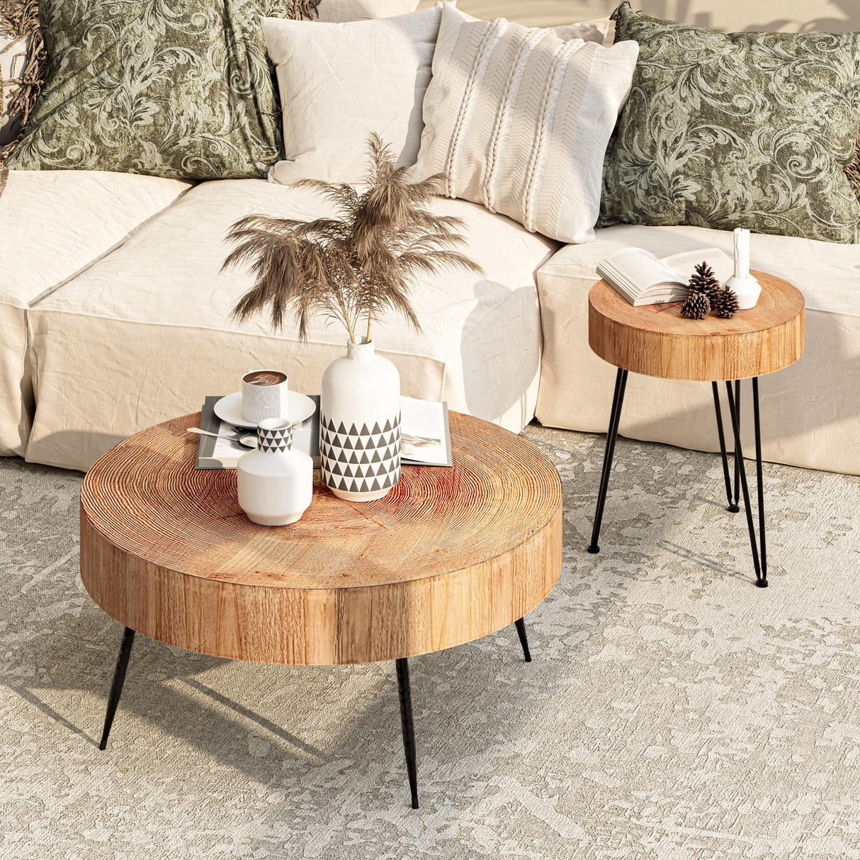 COZAYH 2-Piece Modern Farmhouse Living Room Coffee Table Set, Nesting Table Round Natural Finish with Handcrafted Wood Ring Motif, Light Red + Wood Color COZAYH