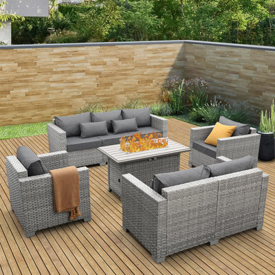 WAROOM Patio Furniture Set 5 Piece Grey Wicker Outdoor Furniture with Fire Pit Table, Patio Sectional Sofa Couch Sets Backyard Deep Seating PE Rattan Chairs, Grey Cushion