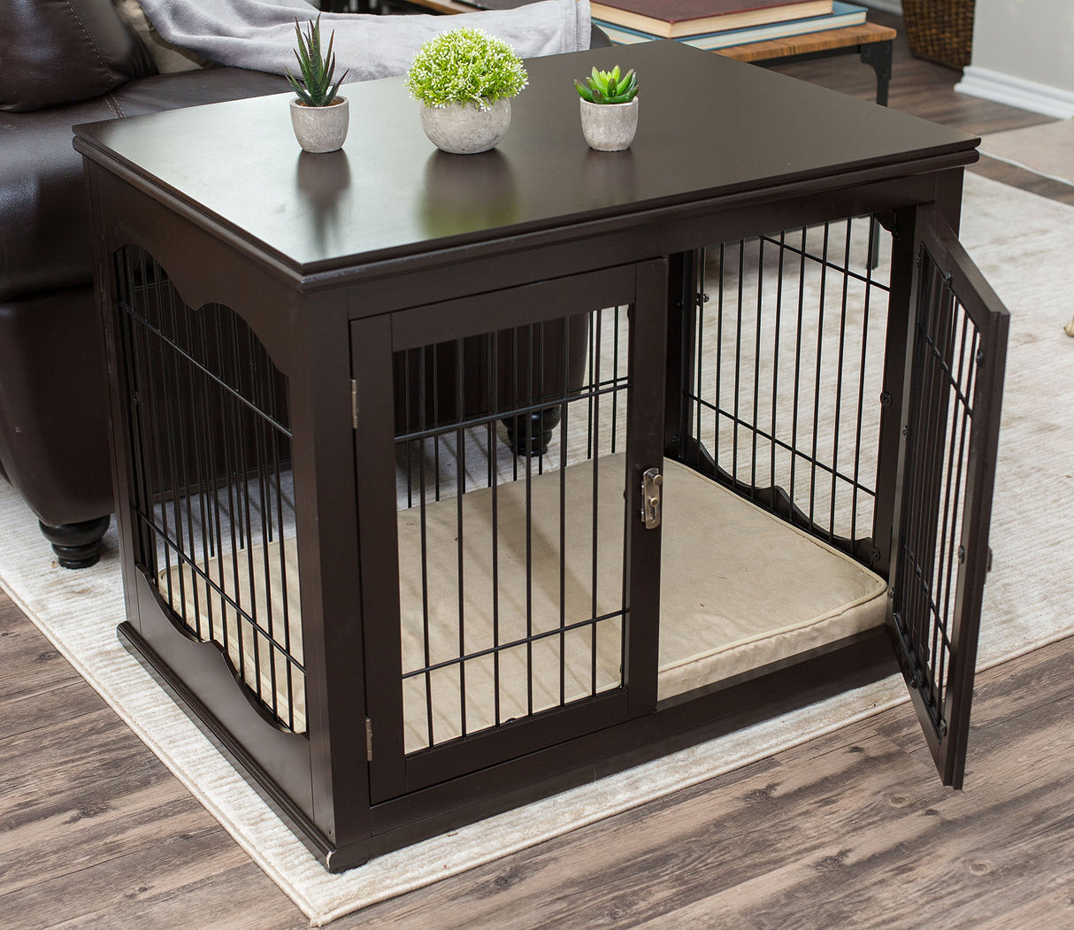 BIRDROCK HOME Decorative Dog Kennel with Pet Bed | Small | Fits Small Dogs | Double Door | Indoor Pet Crate Engineered Wood & Wire Furniture House for Dogs| Side Table | Nightstand – Espresso BIRDROCK HOME