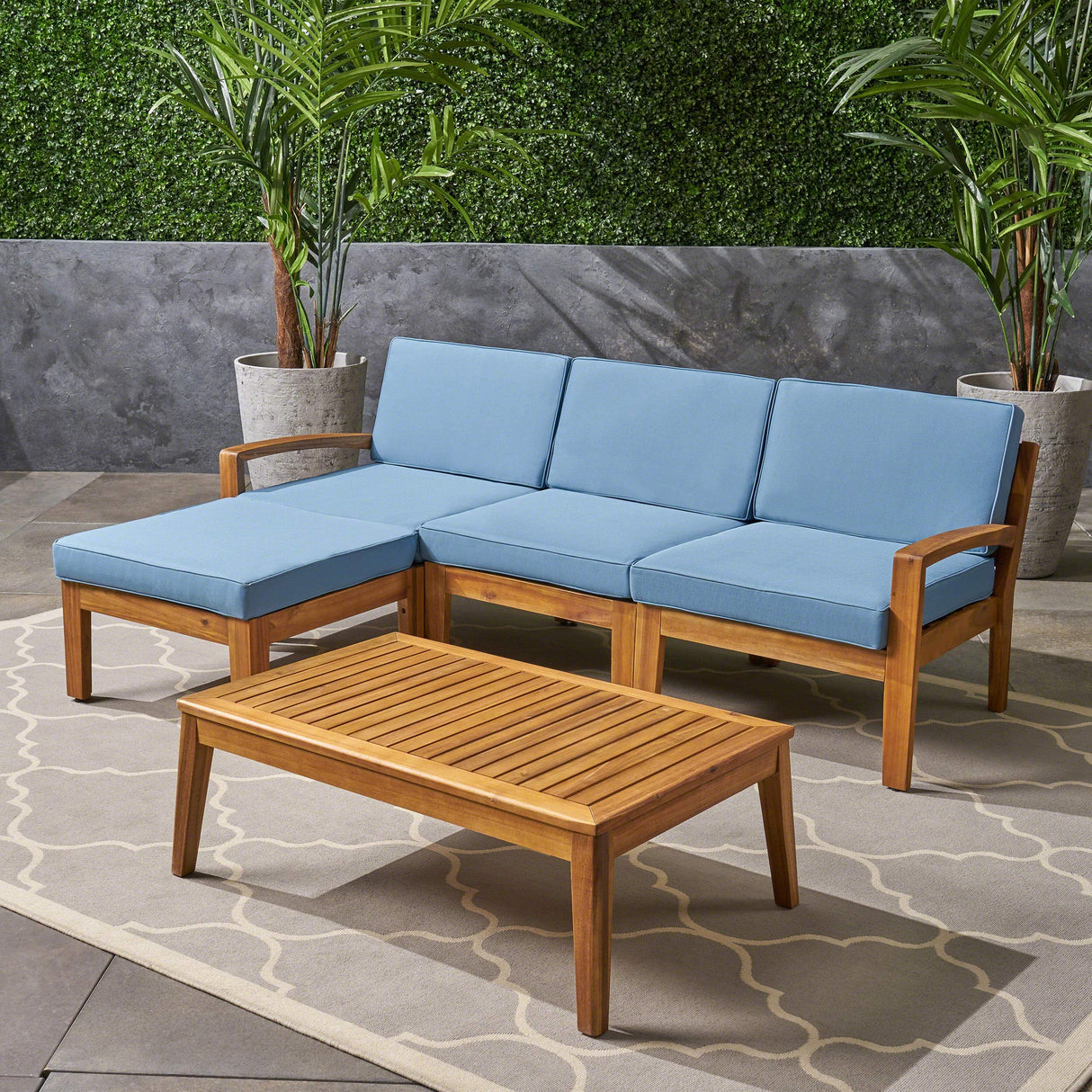 Christopher Knight Home Grenada Sectional Sofa Set | 5-Piece 3-Seater | Includes Coffee Table and Ottoman | Acacia Wood Frame | Water-Resistant Cushions | Teak and Blue, Finish Christopher Knight Home