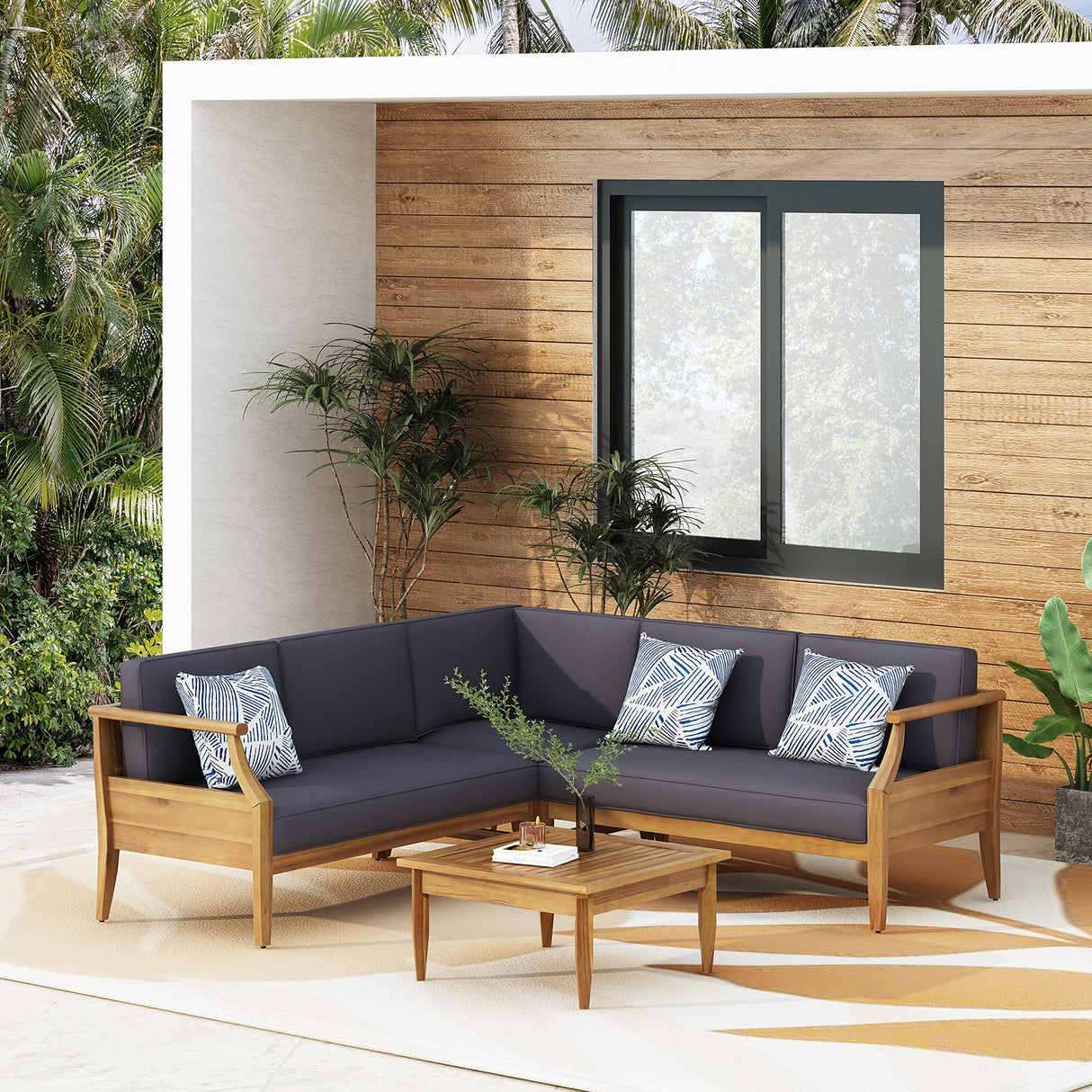 Christopher Knight Home Aston Outdoor 5 Seater Sectional Chat Set with Cushions - Acacia Wood - Teak/Dark Gray Christopher Knight Home