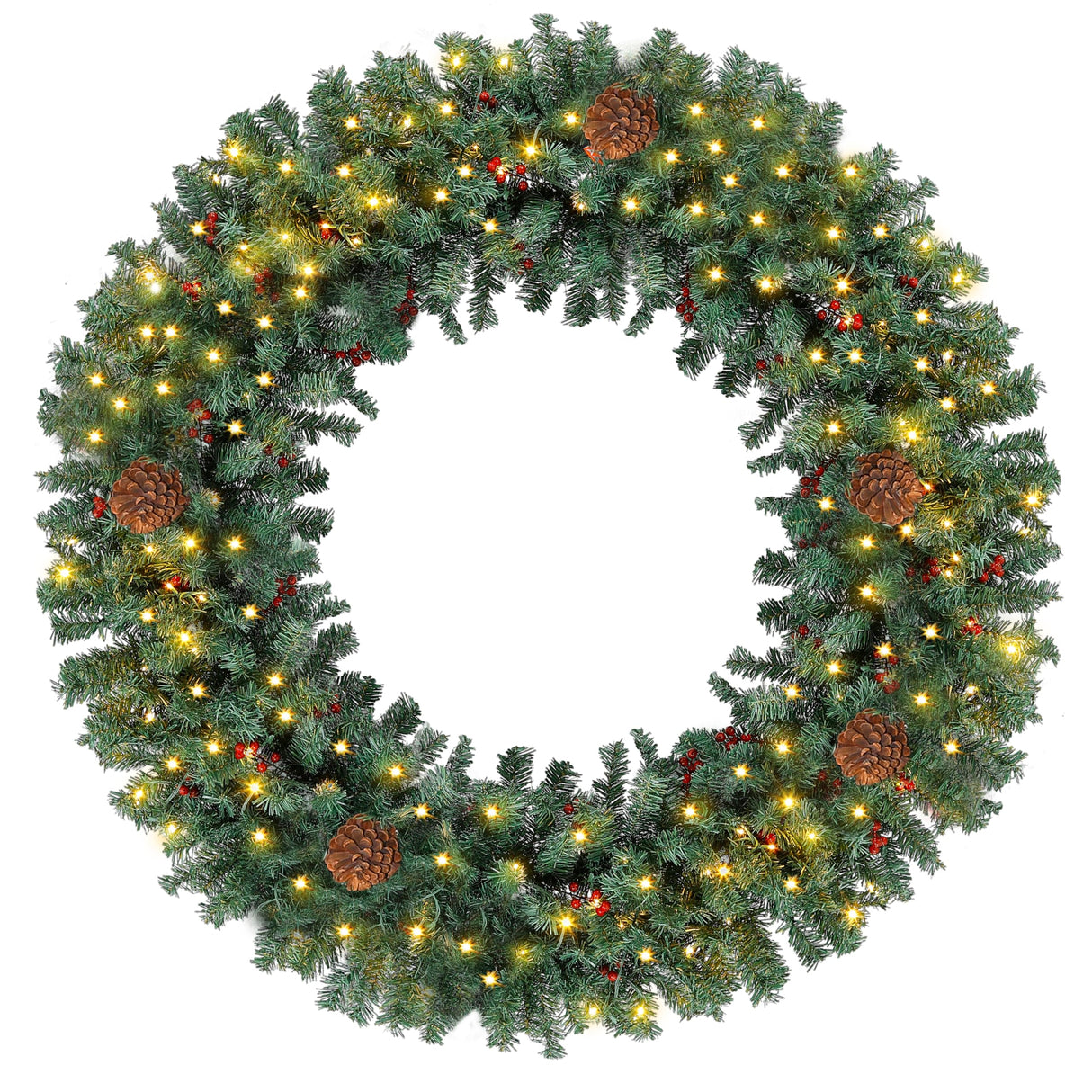 Prelit Christmas Wreath 48 Inches Large Outdoor Christmas Wreath 162 Warm White LED Lights, Artificial Lighted Christmas Wreath Winter Wreath with 460 PVC Tips Vivid Pine Cones and Berry Clusters Abbrevi