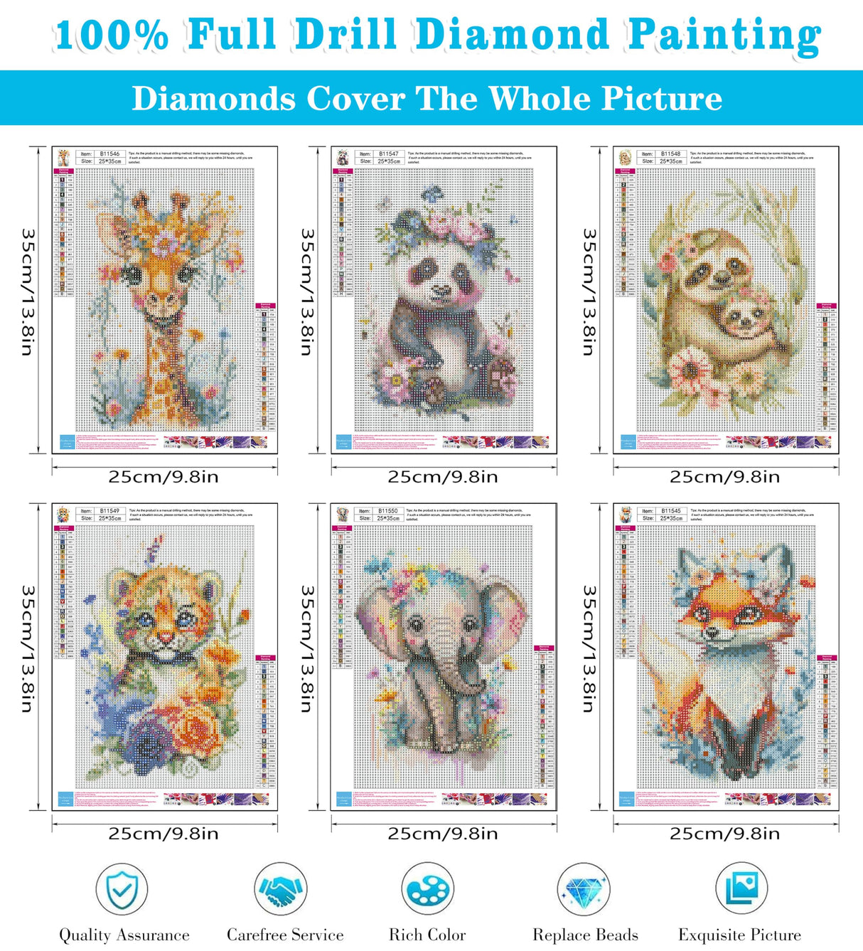 Meothan 6 Pack Diamond Painting Kits, Animal Diamond Art Kits for Adults Full Drill Diamond Paintings Kits for Adults Beginners DIY Animal Diamond Painting Set Gem Art Wall Decor 9.8x13.8inch Meothan