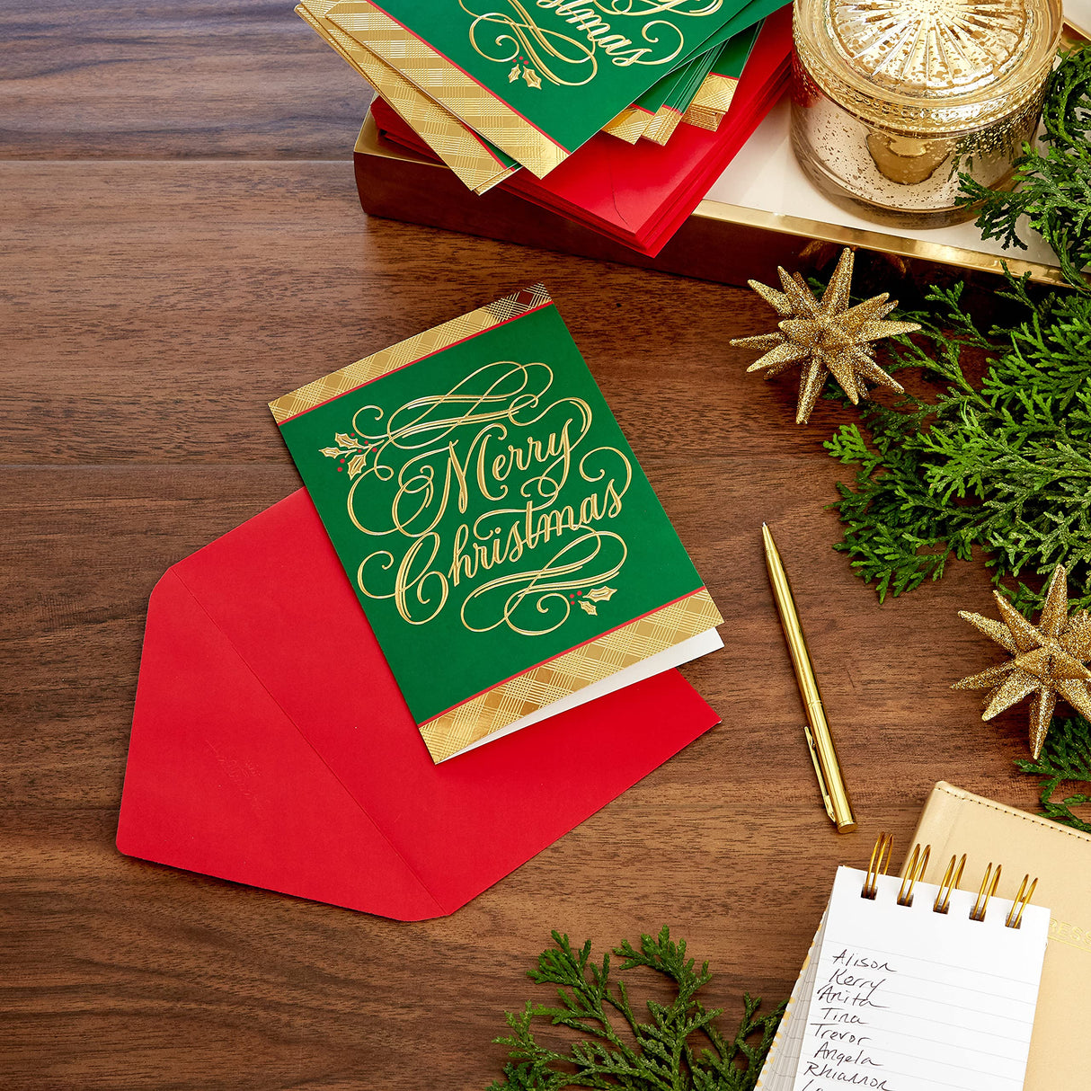 Hallmark Boxed Christmas Cards, Green and Gold (40 Cards with Envelopes) Hallmark