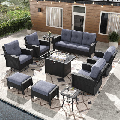 FUARTIO 10 Pieces Outdoor Patio Furniture Set with Fire Pit Table, Wicker Patio Sectional Set Conversation Wicker Swivel Chairs with Small Side Table