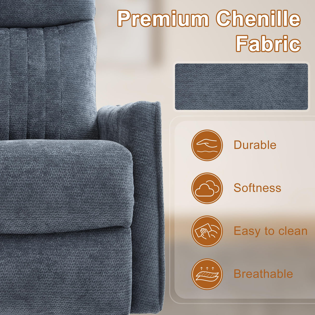 Manual Swivel Rocker Recliner Chair for Adults, Overstuffed Reclining Glider Chair for Nursing with Vibration Massage & Heat, Living Room Rocking Recliner 2-Stage backrest, Chenille Fabric Blue EZZUP