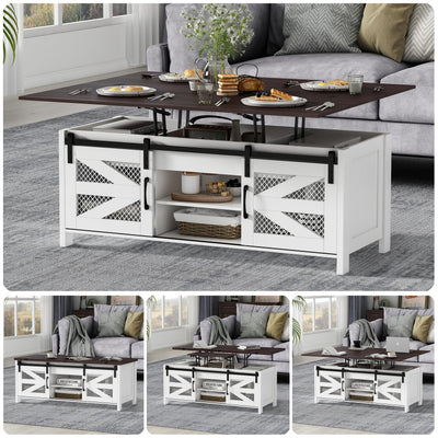 wanan 47.2" Lift Top Coffee Table, 4 in 1 Farmhouse Coffee Table with Sliding Barn Doors, Coffee Tables for Living Room, Dining Room (White)