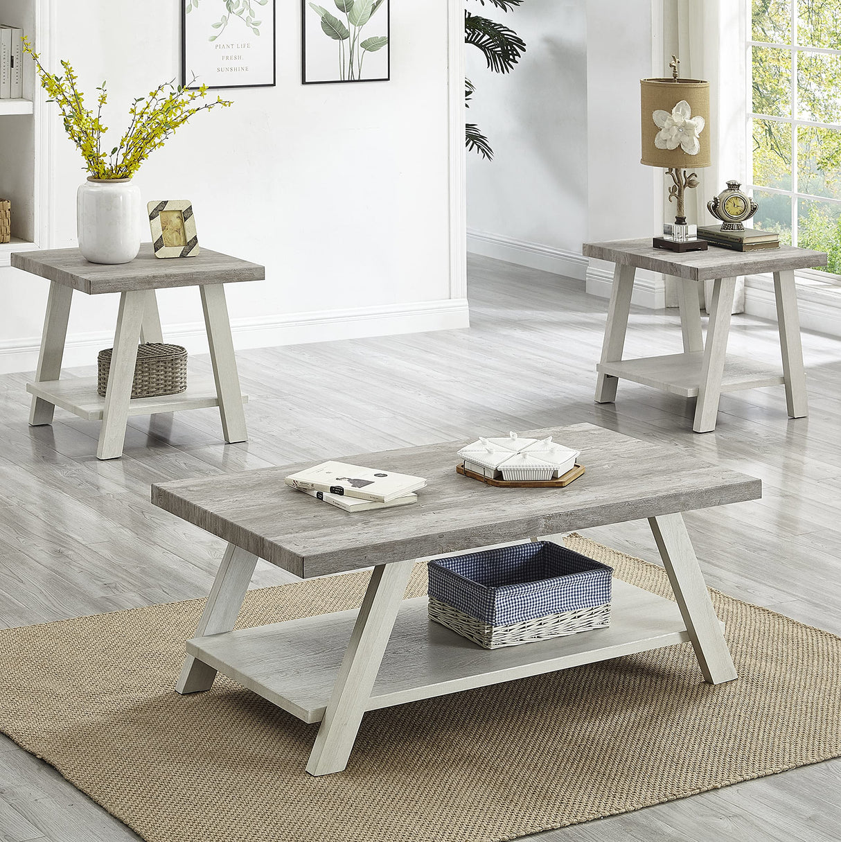 Roundhill Furniture Athens Contemporary 3-Piece Wood Shelf Coffee Table Set, 24D x 48W x 19H in, Gray and Beige Roundhill Furniture