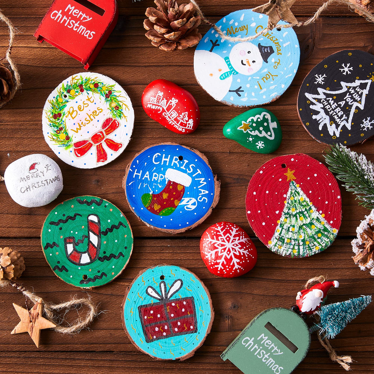 Shuttle Art Natural Wood Slices 70 PCS 2.8-3.1 Inches Craft Wood Ornament Kit, Unfinished Predrilled Wooden Circles with Hole, Jute Twine, Acrylic Paint, Markers for DIY Decoration Shuttle Art