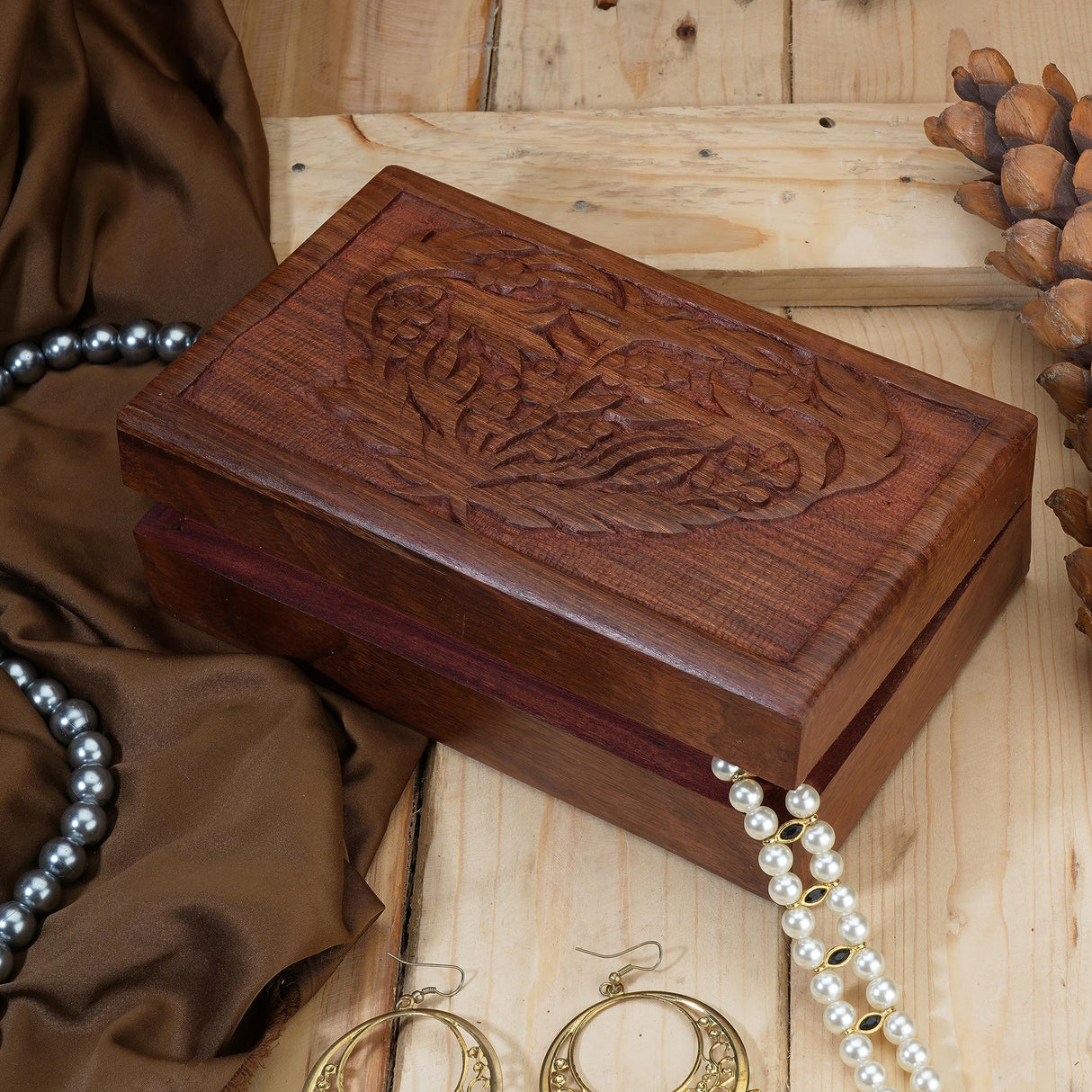 Ajuny Hand Carved handmade Wooden Decorative Treasure Chest Box - Flower Leaf Multipurpose Use Jewelry Storage Case Organizer Keepsake Watch Box Great for Gifts - Brown, 8X5 Inch Ajuny