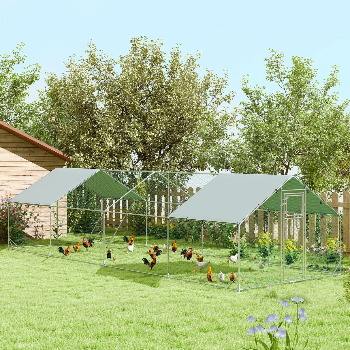 PawHut Chicken Run, Large Metal Chicken Coop w/Waterproof & Anti-UV Cover, Feeding Door, Hanging Feeder, Perch, Walk-in Poultry Cage for Outdoor, Yard, Farm, for 24-30 Chickens, 9.8' x 26.2' x 6.4' PawHut
