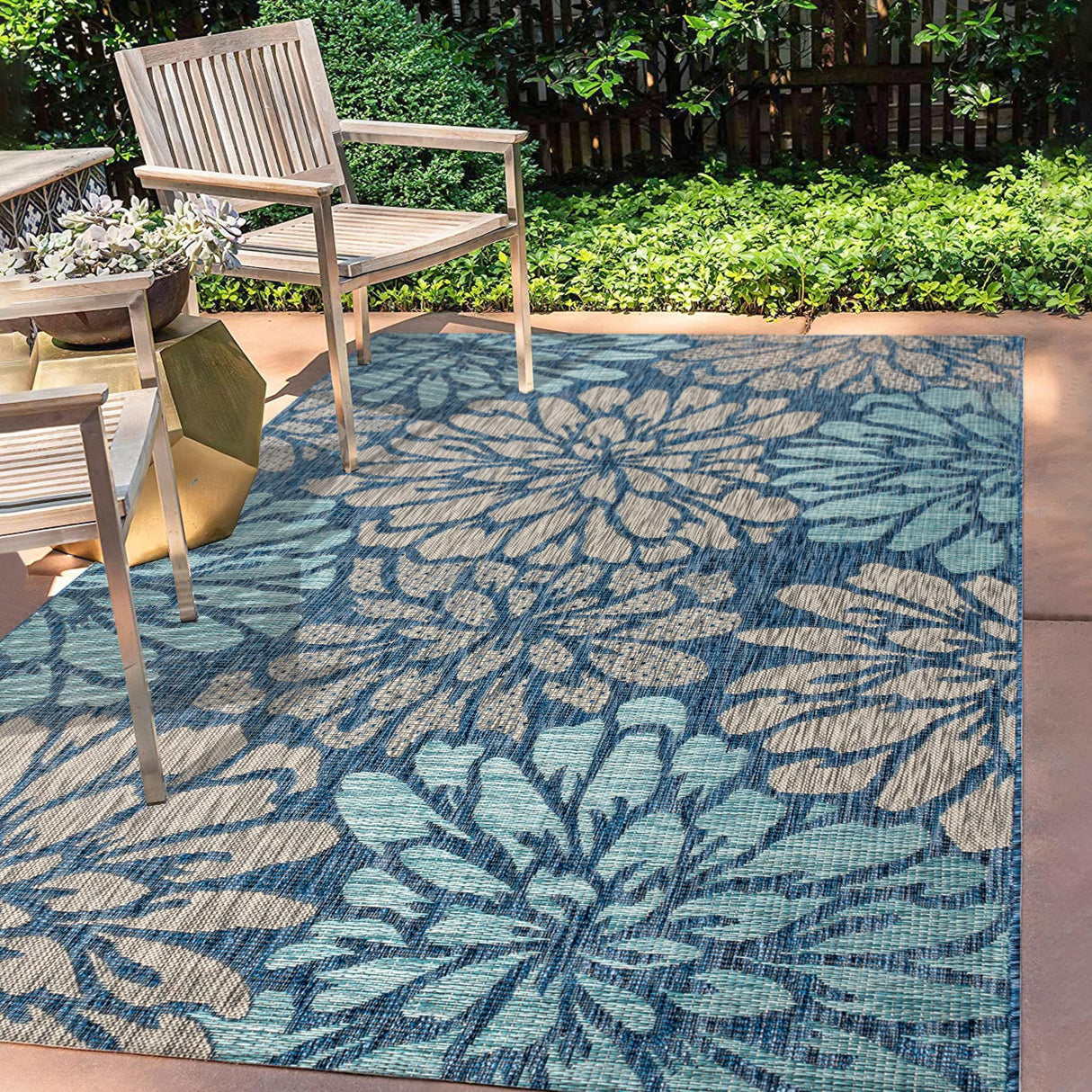 JONATHAN Y SMB110C-8 Zinnia Modern Floral Textured Weave Indoor Outdoor Area-Rug Bohemian Coastal Easy-Cleaning Bedroom Kitchen Backyard Patio Non Shedding, 8 X 10, Navy/Aqua JONATHAN Y