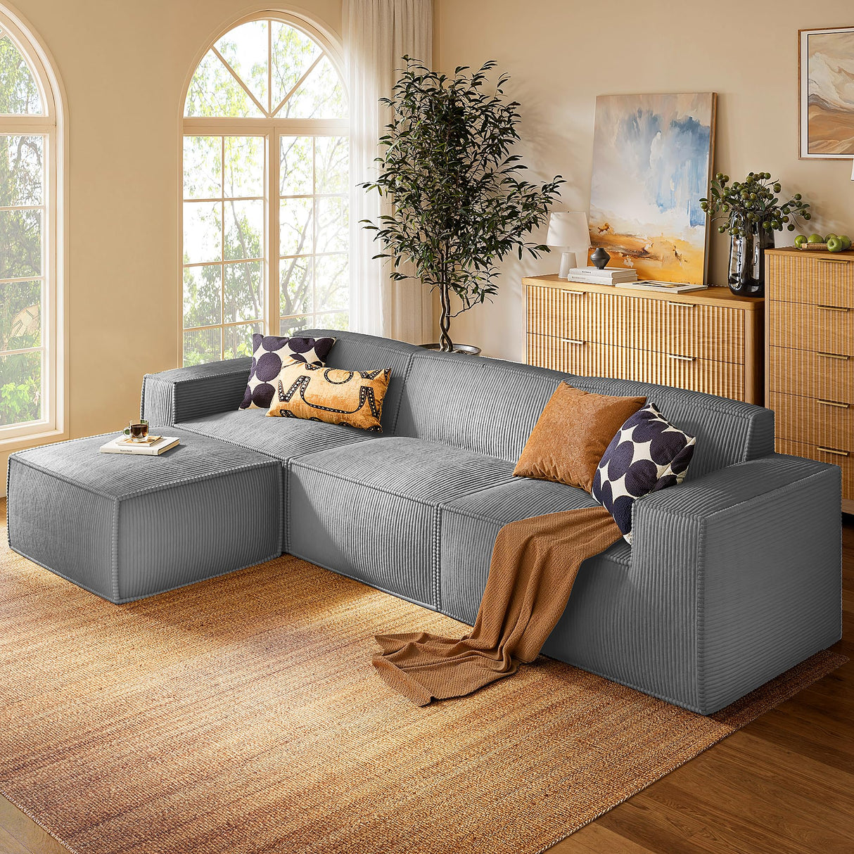 Marsail Modular Sectional Sofa, 111" L-Shaped Modular Sectional Couch with Deep Seat, Freely Combinable Sectional Clound Sofa for Living Room, No Assembly, Plush Corduroy Fabric, Grey Marsail