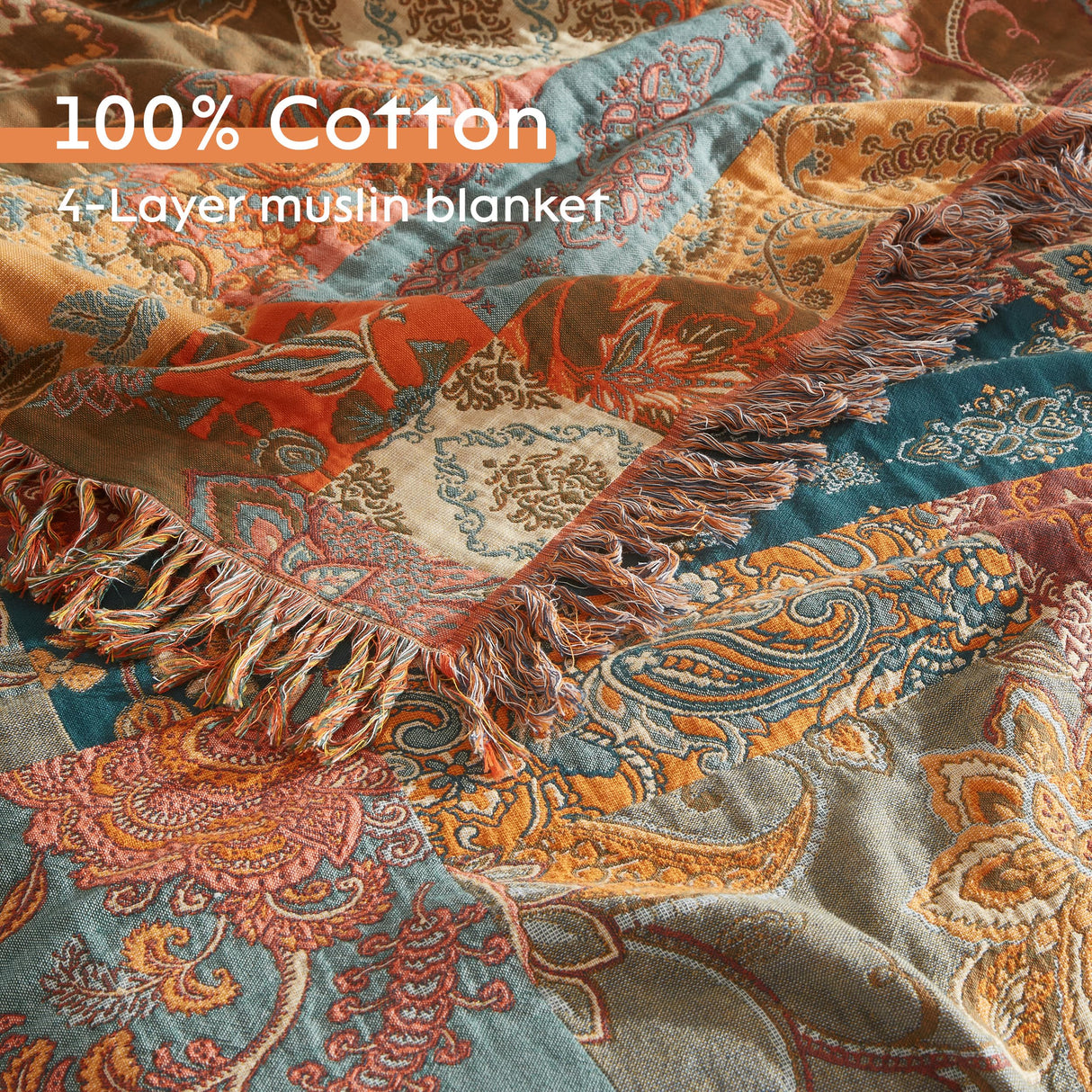 Boho Throw Blanket for Bed 60”x80”, 100% Cotton Woven Blanket for Couch Sofa, Ultra Soft 4-Layer Muslin Quilt with Patchwork Floral Printed, Farmhouse Bed Blanket/Cover for Living Room Decor SE SOFTEXLY