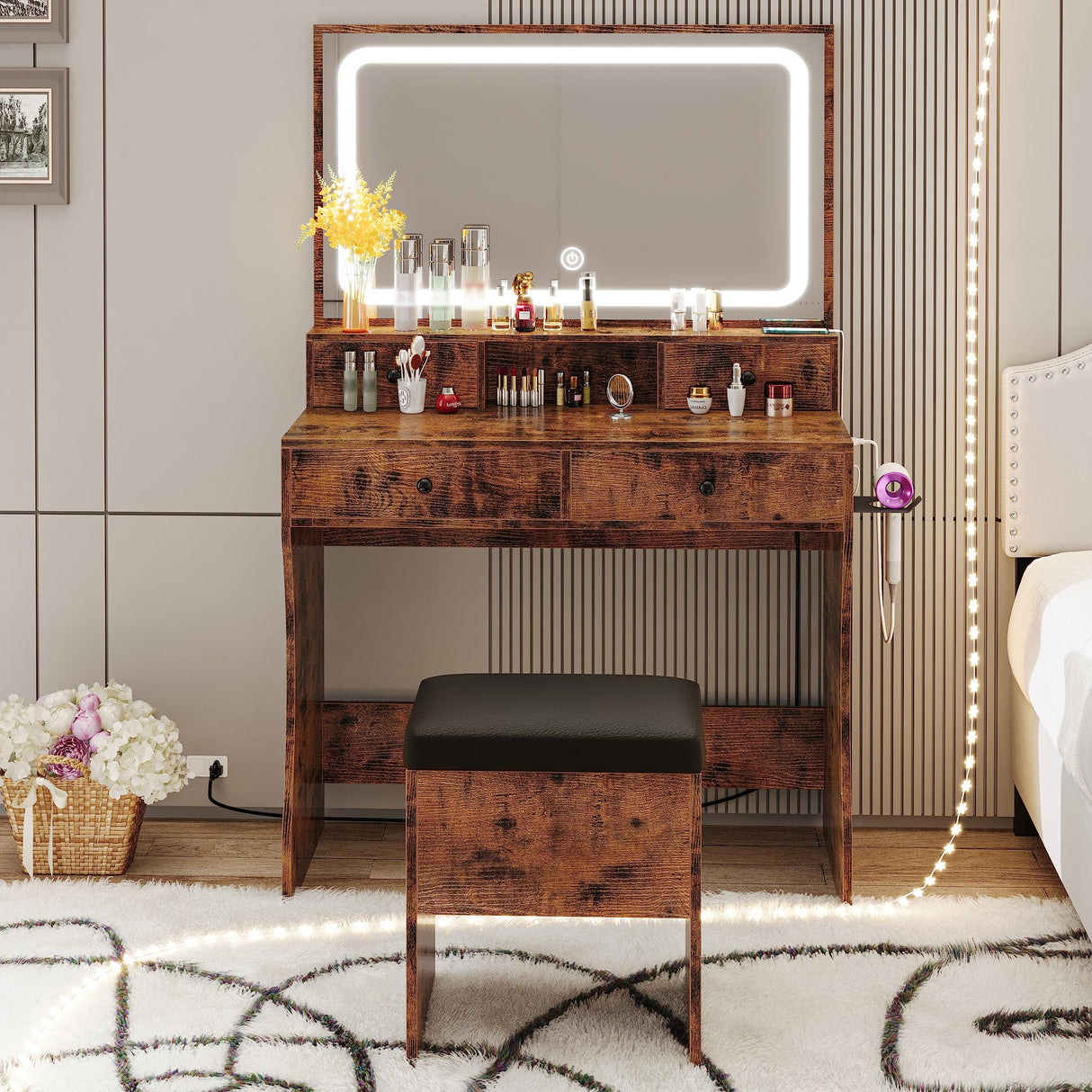 LIKIMIO Vanity Desk with LED Lighted Mirror & Power Outlet & 4 Drawers, Dressing Makeup Table Set with Storage Stool and Hair Dryer Stand, Vintage LIKIMIO