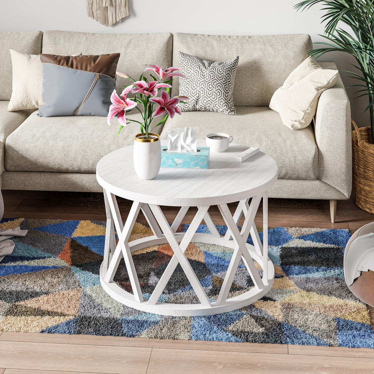 COZAYH Farmhouse Coffee Table, Rustic Round Coffee Table with X-Motifs Legs, Wood Textured Top, for Boho, French Country Decor, Antique White COZAYH