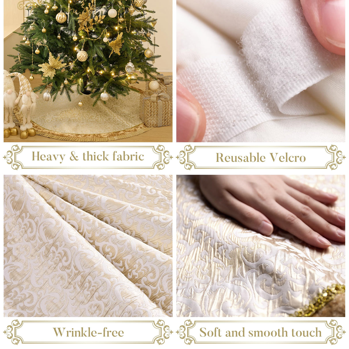 Valery Madelyn Christmas Tree Skirt for Tree Decorations, 60 Inch Fabric White Gold Small Xmas Velvet Tree Skirt with Embroidery Baroque Pattern & Pleated Border for Tree Merry Christmas Party Decor Valery Madelyn