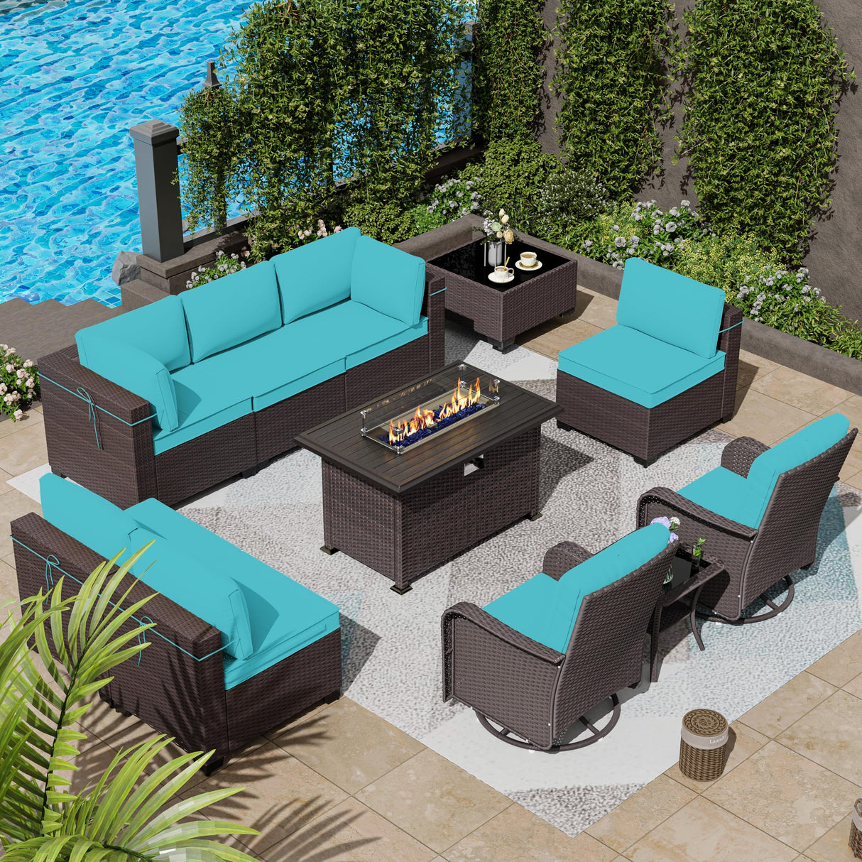 ASJMR 11 Pieces Patio Furniture Set with 2 Swivel Chairs Patio Furniture Outdoor Sectional Sofas with 55000 Gas Fire Pit Patio Conversation Set w/7 Cushions- ASJMR