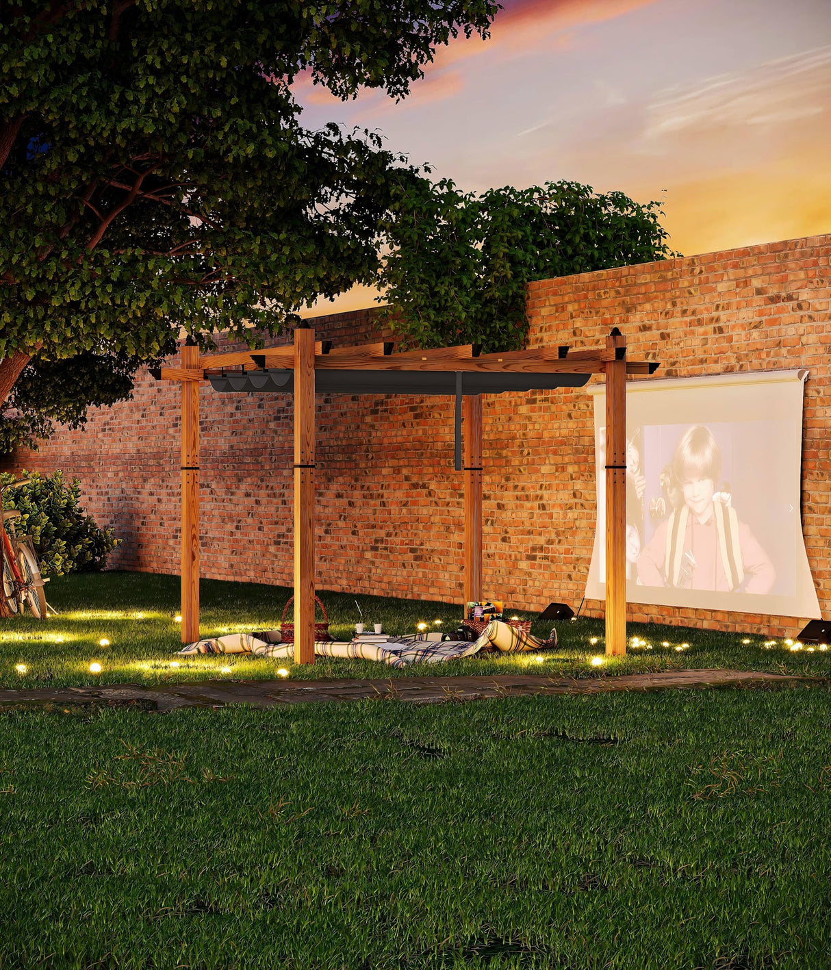 GarveeLife 10 x 10 Ft Wood-Grain Aluminum Pergola Outdoor Pergola with Retractable Canopy Sun Shade Shelter for Garden, Patio, Backyard, Deck - Gray GarveeLife