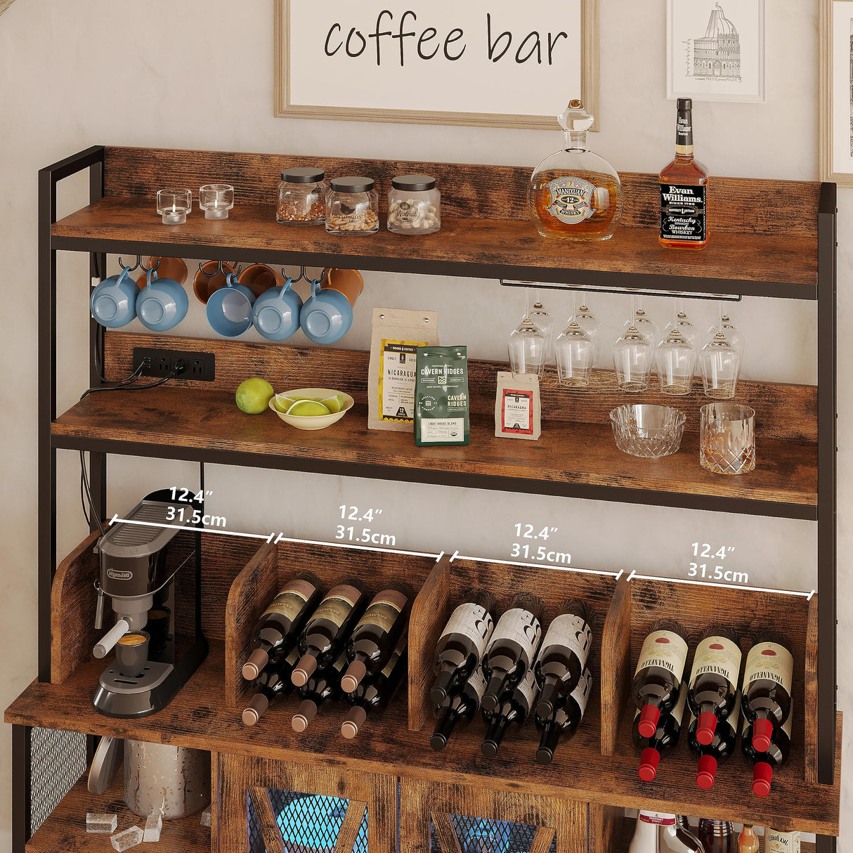 IRONCK Coffee Bar Cabinet with Power Outlet, Industrial Buffet Cabinet with LED Strip and Glass Holder, 3-Tiers Liquor Cabinet Bar for Home, Dining Room, Kitchen, Vintage Brown IRONCK