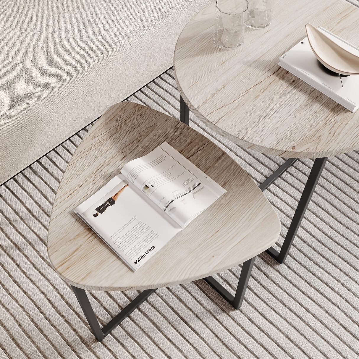 HOJINLINERO Round Coffee Table Set of 2 End Tables for Living Room,Black Small Coffee Table Living Room Table,Metal Frame & Wood Look,Sturdy and Easy Assembly,Stacking Side Tables Bedroom,White HOJINLINERO