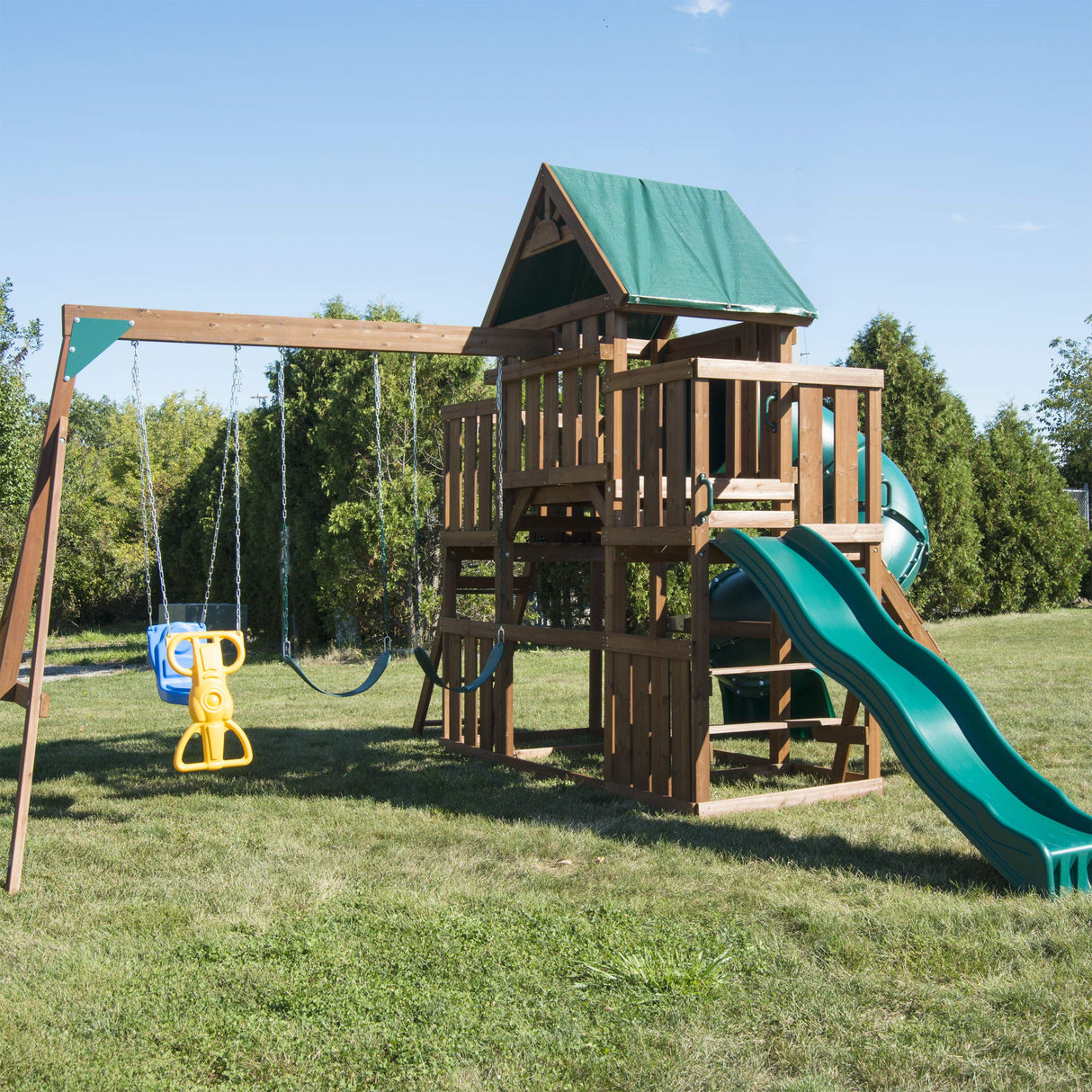 Swing-N-Slide WS 8358 Denali Tower Swing Set with Two Slides, Climbing Wall & Swings, Wood Swing-N-Slide