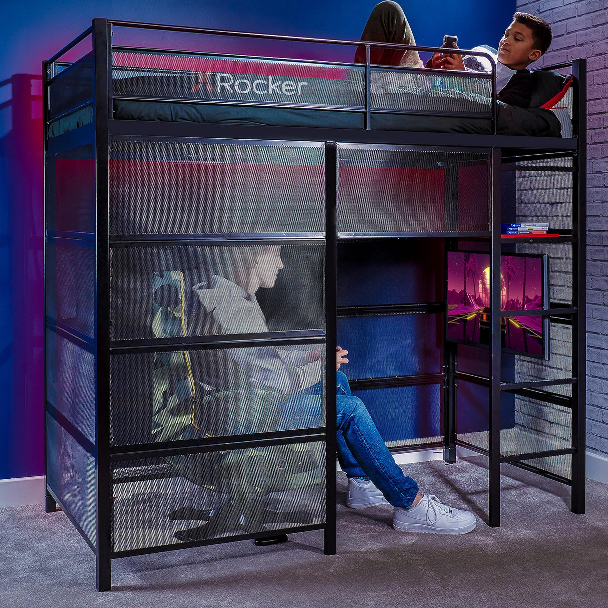 X Rocker Battle Den Twin Size Gaming Bunk Bed, Metal Frame with Grid Mesh Sides, High Sleeper, Fixed Ladder, Black X Rocker