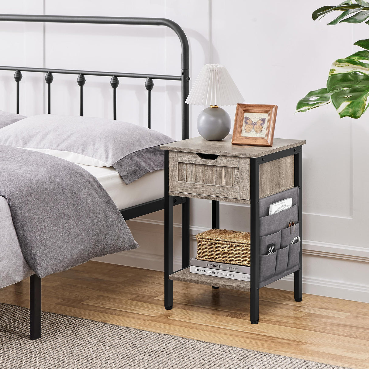 Yaheetech Nightstand Set of 2, Bedside Table with Drawer & Storage Shelf, Wood Side Table Night Stand with Removable Fabric Bag for Bedroom/Living Room, Gray Yaheetech