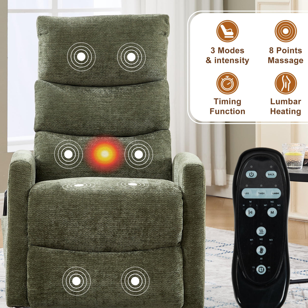 Manual Swivel Rocker Recliner Chair with Vibration Massage, Overstuffed Glider Chair with Lumbar Heat for Nursery, Living Room Reclining Sofa Chair, Chenille Fabric Green Luxlen