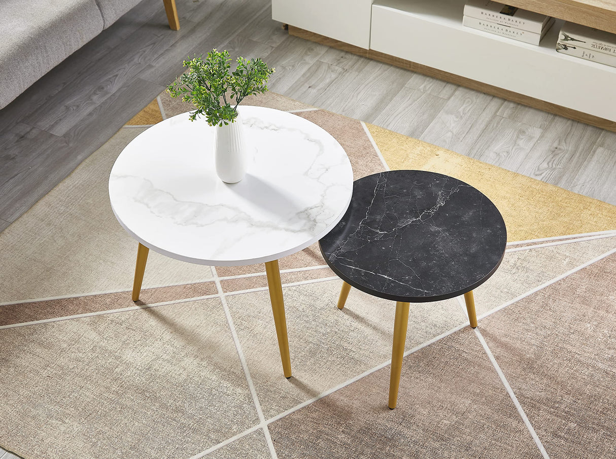 Ball & Cast Nesting End Coffee Table Set of 2, 23.6"&17.75" Dia-Tapered Leg, White/Black Ball & Cast