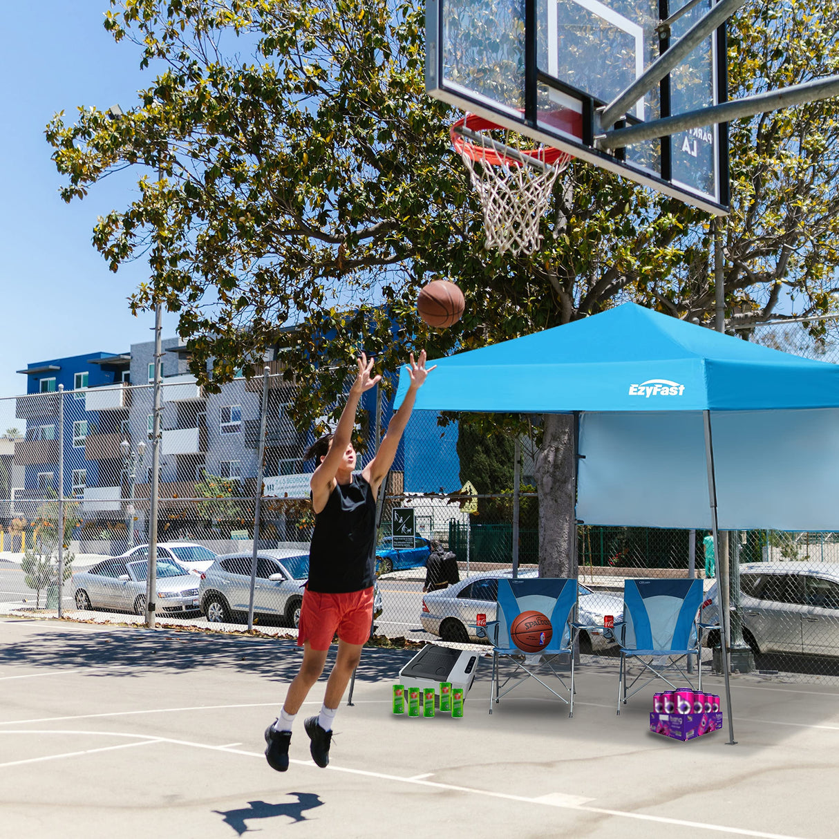 EzyFast Ultra Compact Backpack Canopy, Pop Up Shelter, Portable Sports Cabana, 7.5 x 7.5 ft Base / 6 x 6 ft top for Hiking, Camping, Fishing, Picnic, Family Outings EzyFast