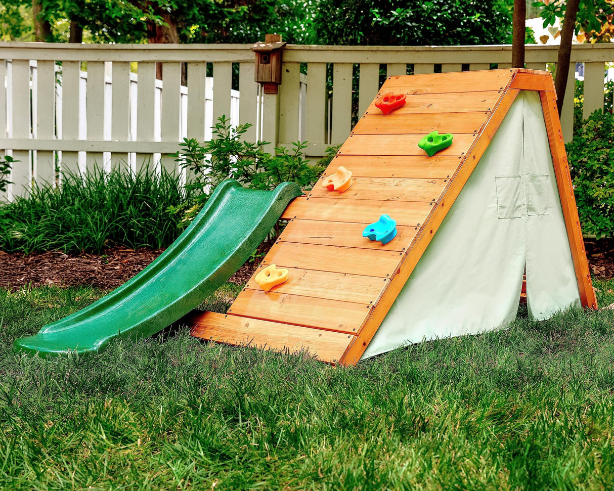 Avenlur Palm Outdoor and Indoor Playground 5 in 1 Backyard Playset with Ladder, Rock Wall, 4 ft. Slide, Tent Fort, Montessori Style Play Set Climber Playhouse Toddlers, Children, Kids 2-8yr (Green) Avenlur