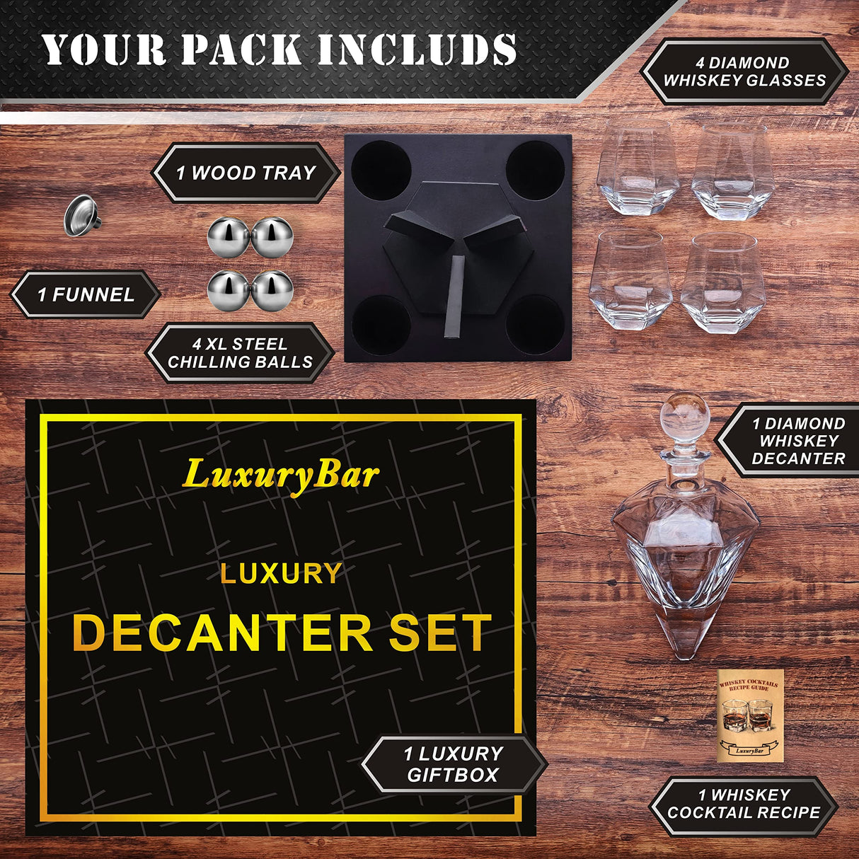 LuxuryBar Diamond Whiskey Decanter Sets for Men with ChillBall &Tray,Whiskey Decanter Set Liquor Dispenser Bourbon Decanter Whiskey Set Gifts for Men LuxuryBar